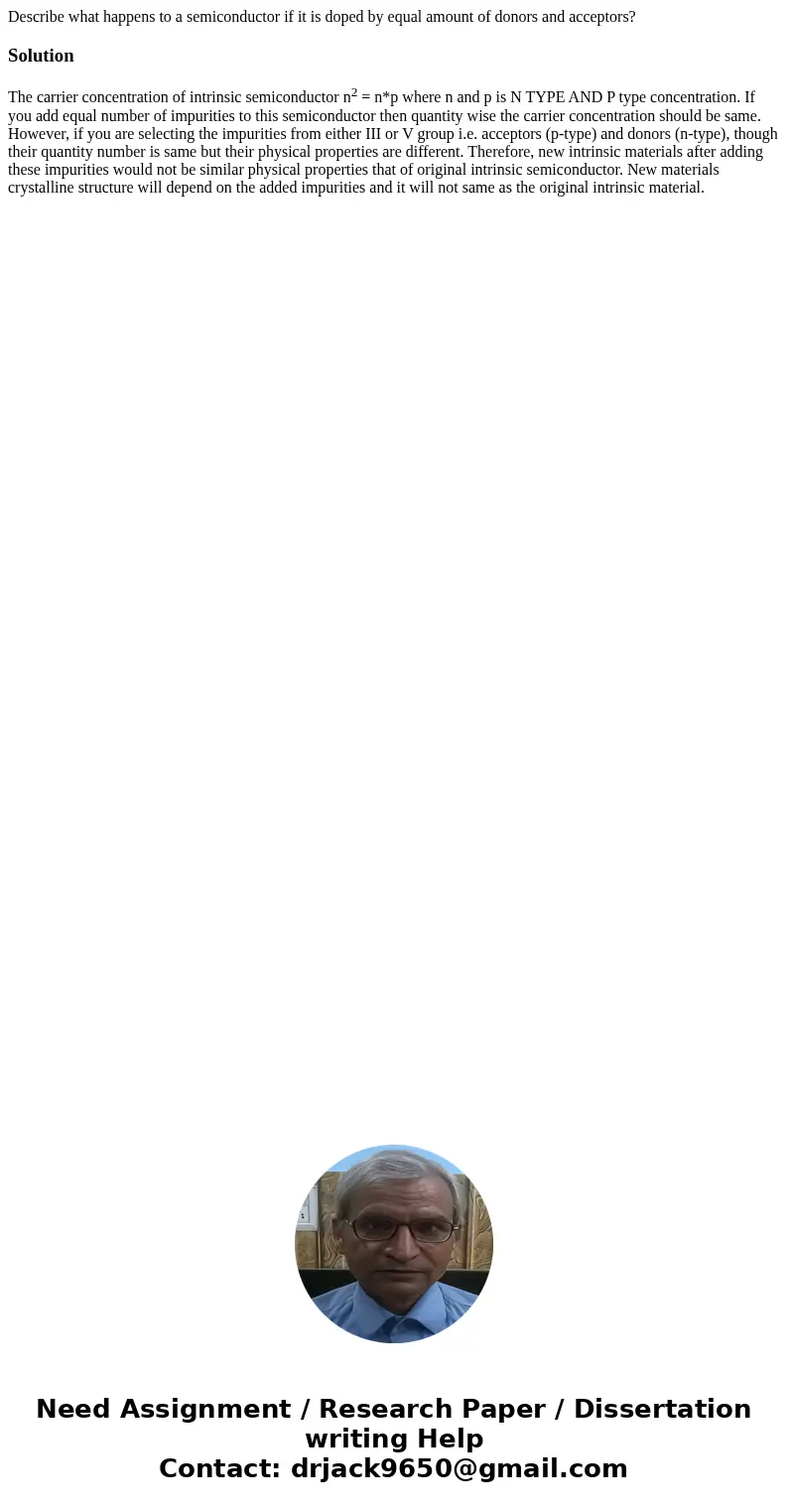 Describe what happens to a semiconductor if it is doped by equal amount of donors and acceptors?SolutionThe carrier concentration of intrinsic semiconductor n2  Describe what happens to a semiconductor if it is doped by equal amount of donors and acceptors?SolutionThe carrier concentration of intrinsic semiconductor n2