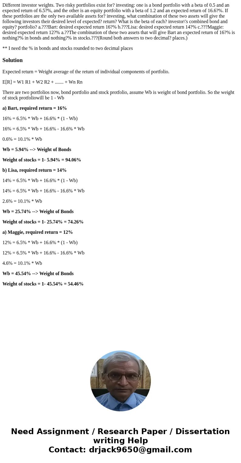 Different investor weights. Two risky portfolios exist for? investing: one is a bond portfolio with a beta of 0.5 and an expected return of 6.5?%, and the other Different investor weights. Two risky portfolios exist for? investing: one is a bond portfolio with a beta of 0.5 and an expected return of 6.5?%, and the other