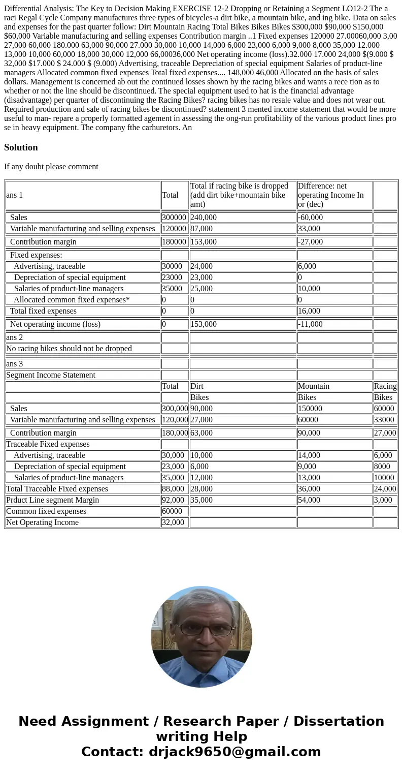 Differential Analysis: The Key to Decision Making EXERCISE 12-2 Dropping or Retaining a Segment LO12-2 The a raci Regal Cycle Company manufactures three types   Differential Analysis: The Key to Decision Making EXERCISE 12-2 Dropping or Retaining a Segment LO12-2 The a raci Regal Cycle Company manufactures three types