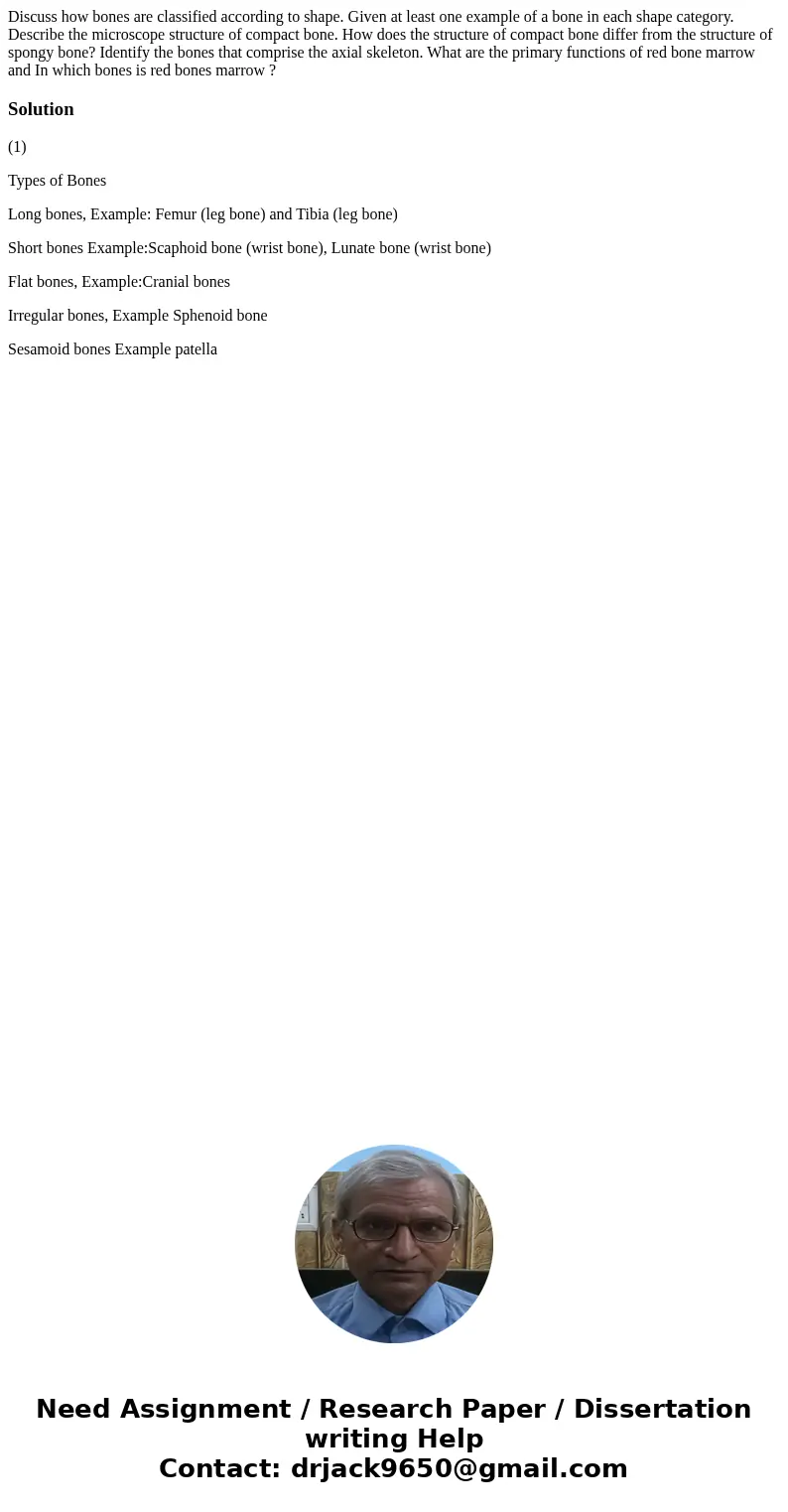 Discuss how bones are classified according to shape. Given at least one example of a bone in each shape category. Describe the microscope structure of compact   Discuss how bones are classified according to shape. Given at least one example of a bone in each shape category. Describe the microscope structure of compact