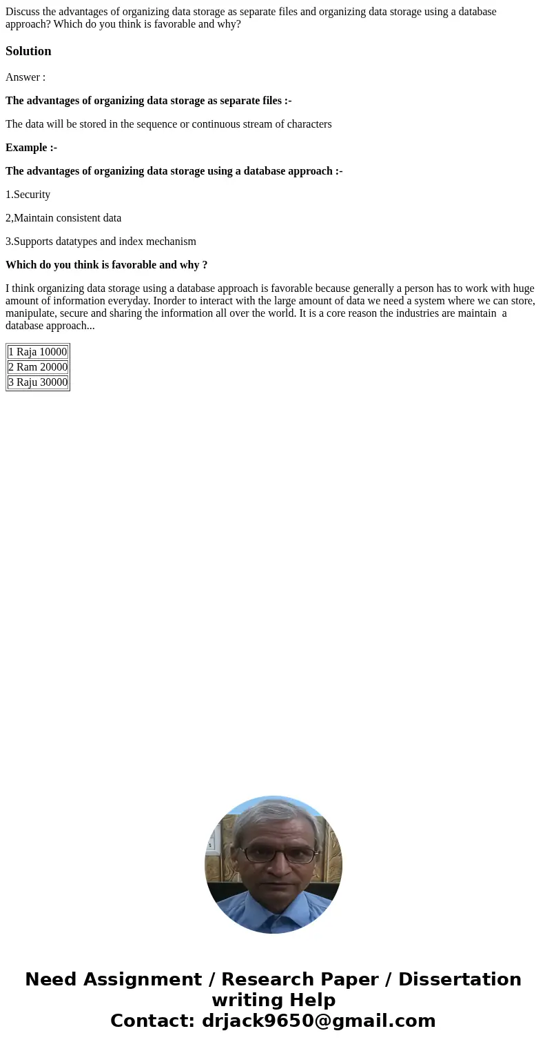 Discuss the advantages of organizing data storage as separate files and organizing data storage using a database approach? Which do you think is favorable and w Discuss the advantages of organizing data storage as separate files and organizing data storage using a database approach? Which do you think is favorable and w