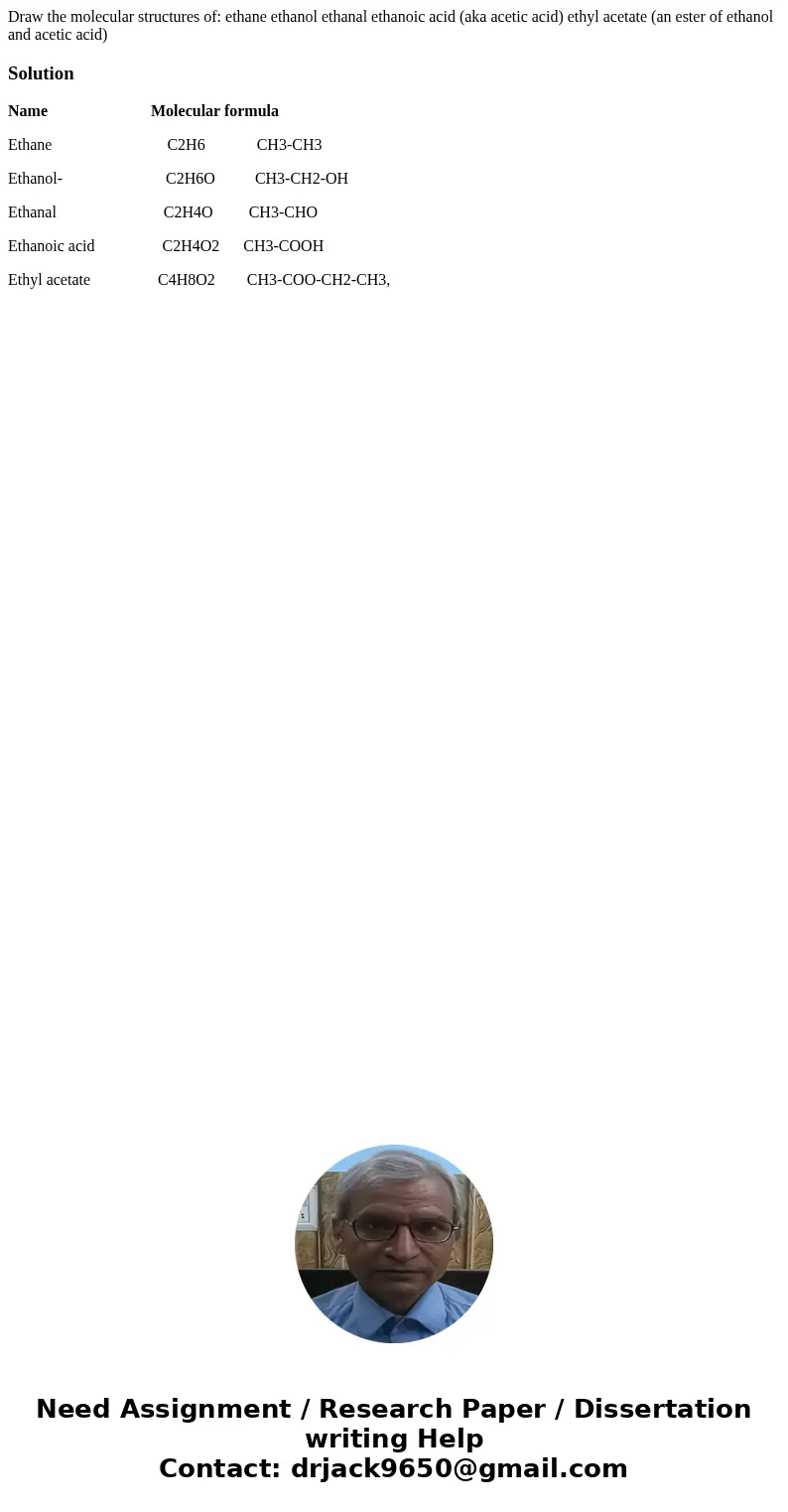 Draw the molecular structures of: ethane ethanol ethanal ethanoic acid (aka acetic acid) ethyl acetate (an ester of ethanol and acetic acid)SolutionName Molecu  Draw the molecular structures of: ethane ethanol ethanal ethanoic acid (aka acetic acid) ethyl acetate (an ester of ethanol and acetic acid)SolutionName Molecu