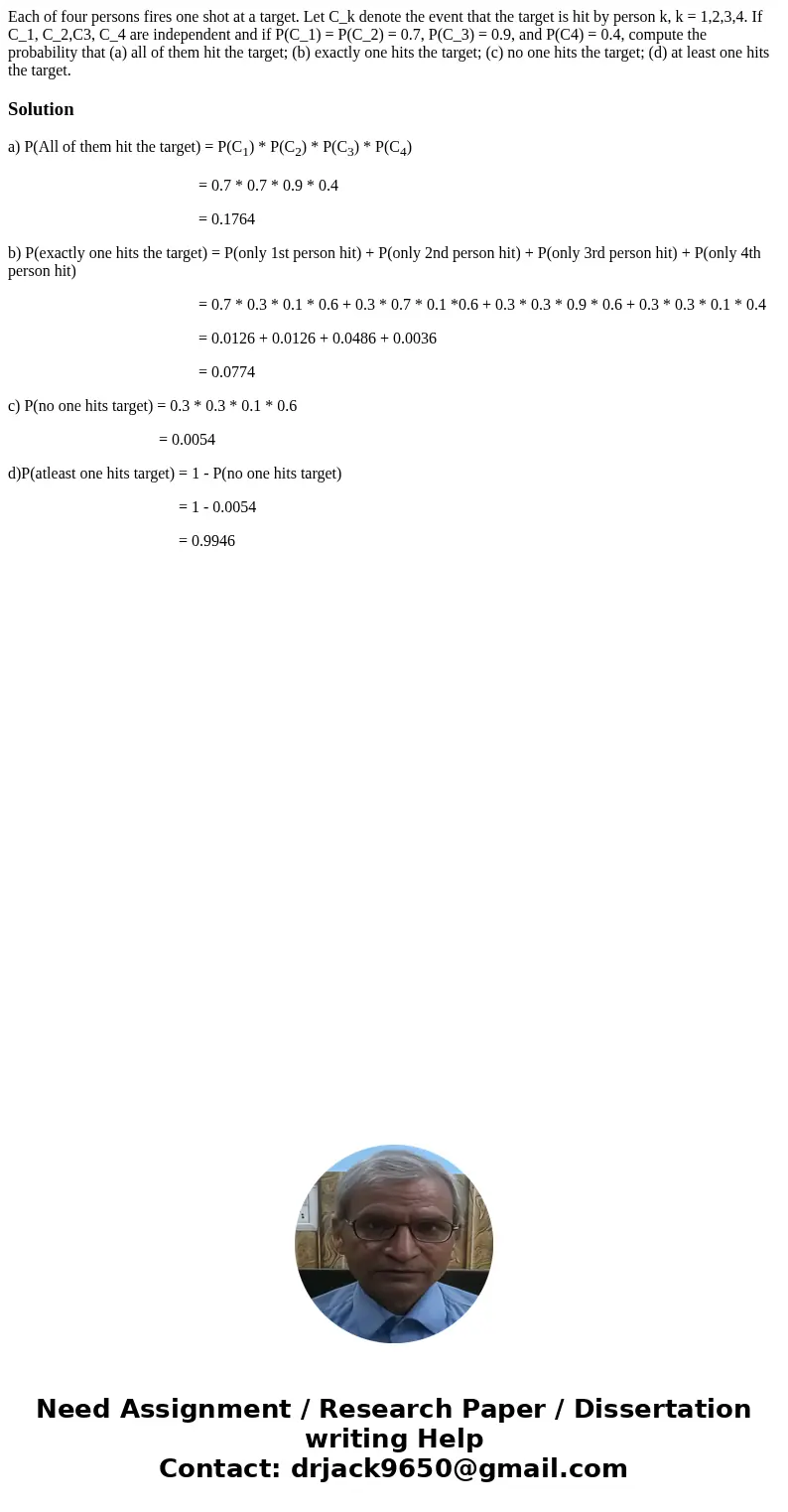 Each of four persons fires one shot at a target. Let C_k denote the event that the target is hit by person k, k = 1,2,3,4. If C_1, C_2,C3, C_4 are independent   Each of four persons fires one shot at a target. Let C_k denote the event that the target is hit by person k, k = 1,2,3,4. If C_1, C_2,C3, C_4 are independent