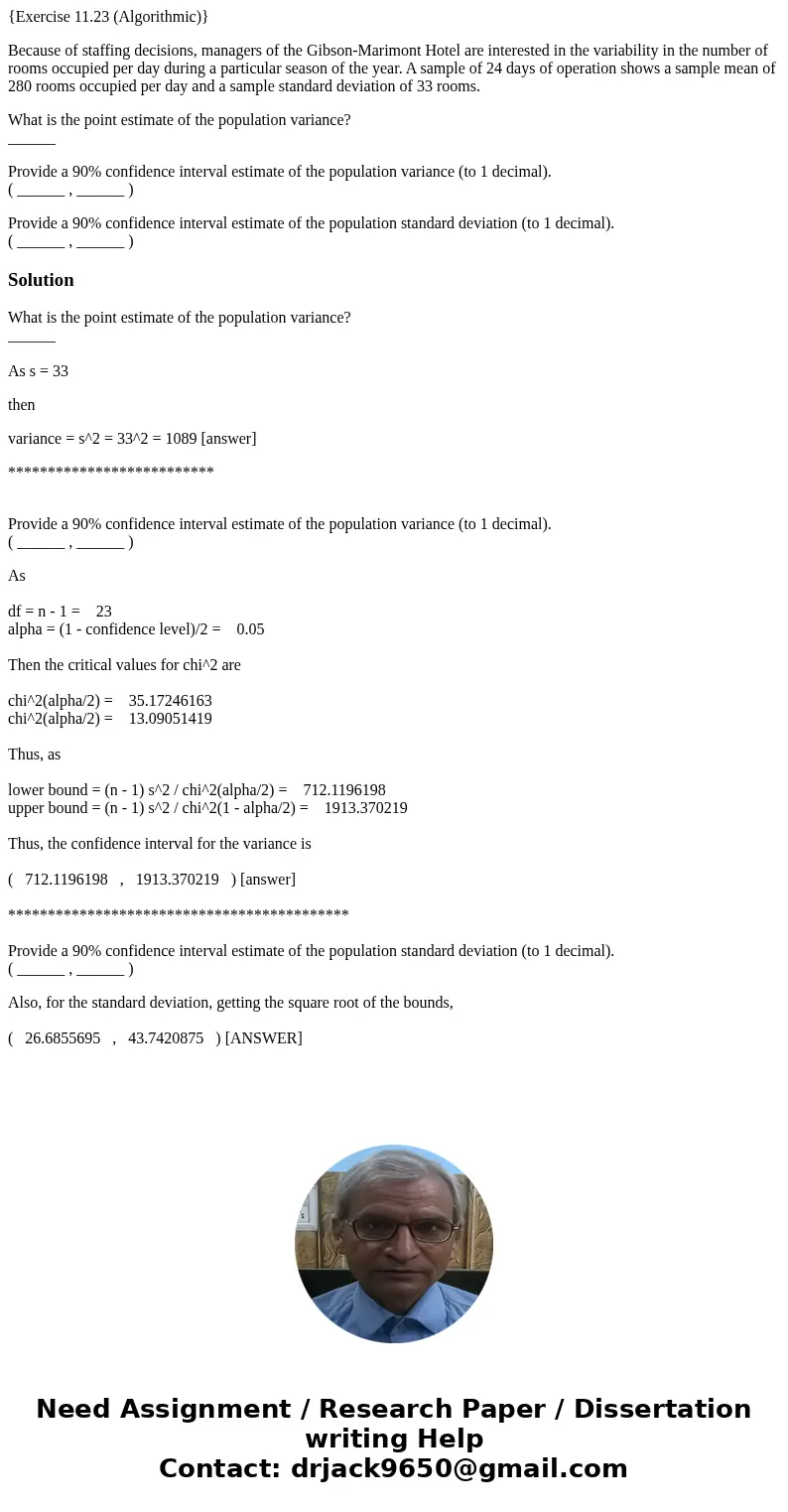 {Exercise 11.23 (Algorithmic)} Because of staffing decisions, managers of the Gibson-Marimont Hotel are interested in the variability in the number of rooms occ {Exercise 11.23 (Algorithmic)} Because of staffing decisions, managers of the Gibson-Marimont Hotel are interested in the variability in the number of rooms occ