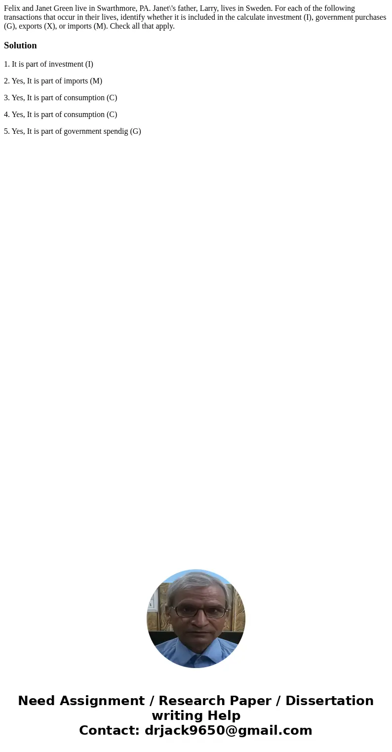 Felix and Janet Green live in Swarthmore, PA. Janet\'s father, Larry, lives in Sweden. For each of the following transactions that occur in their lives, identi  Felix and Janet Green live in Swarthmore, PA. Janet\'s father, Larry, lives in Sweden. For each of the following transactions that occur in their lives, identi