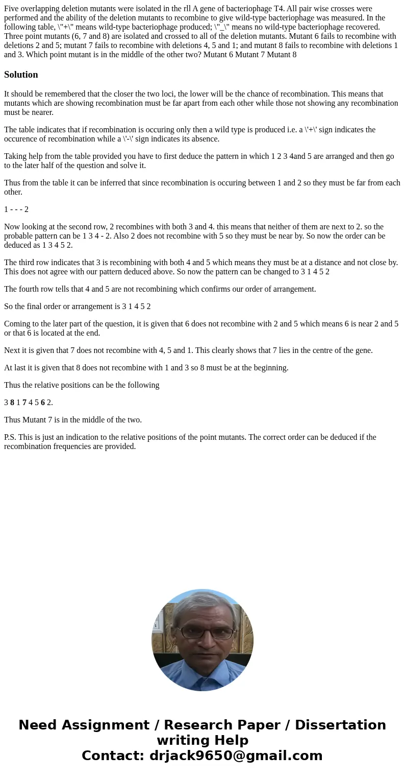 Five overlapping deletion mutants were isolated in the rll A gene of bacteriophage T4. All pair wise crosses were performed and the ability of the deletion mut  Five overlapping deletion mutants were isolated in the rll A gene of bacteriophage T4. All pair wise crosses were performed and the ability of the deletion mut