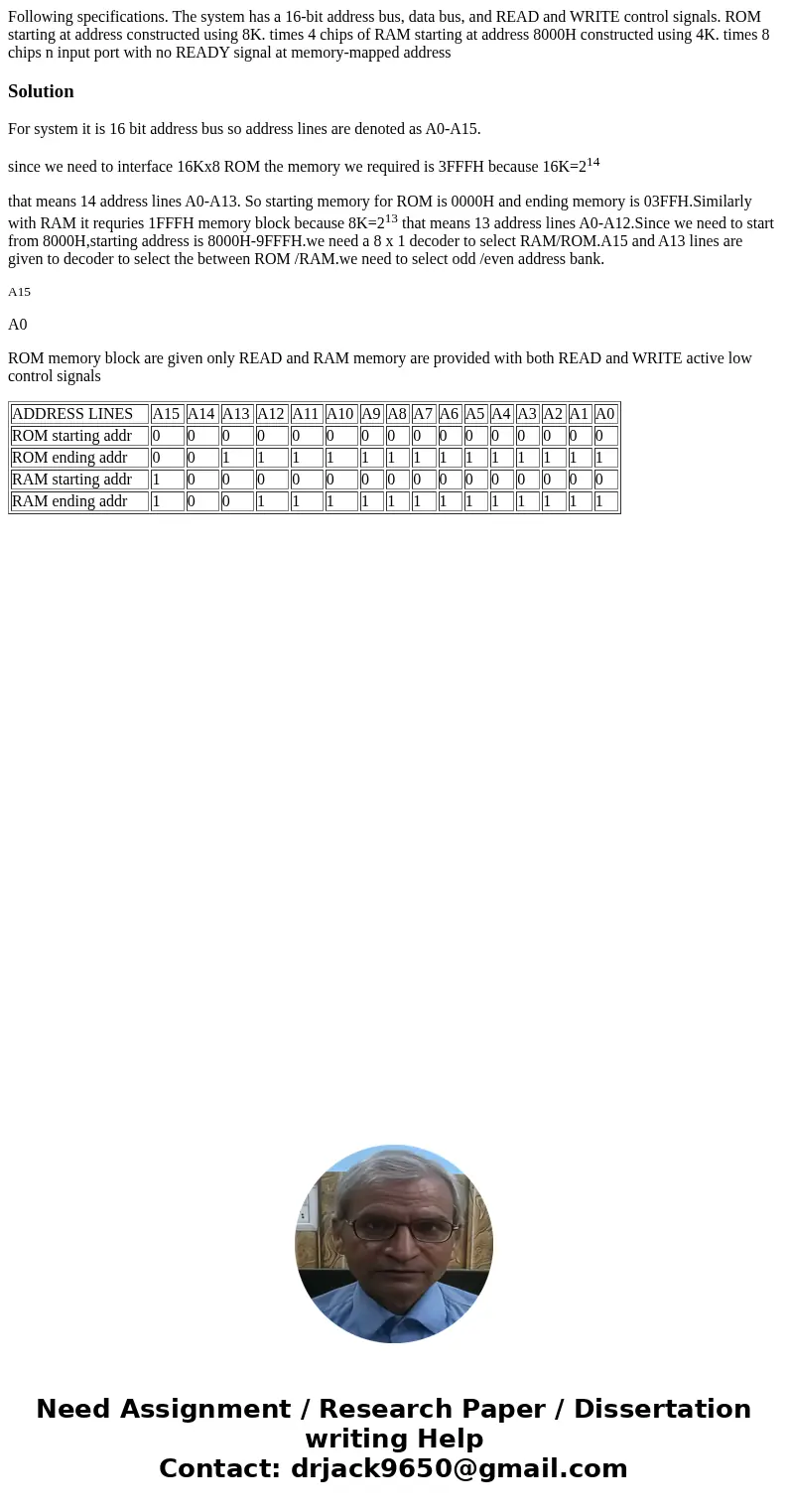 Following specifications. The system has a 16-bit address bus, data bus, and READ and WRITE control signals. ROM starting at address constructed using 8K. time  Following specifications. The system has a 16-bit address bus, data bus, and READ and WRITE control signals. ROM starting at address constructed using 8K. time