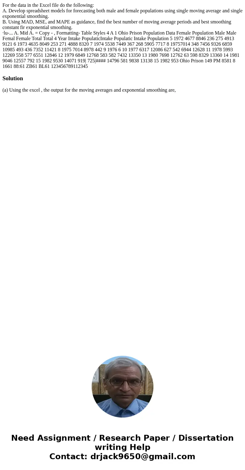 For the data in the Excel file do the following: A. Develop spreadsheet models for forecasting both male and female populations using single moving average and  For the data in the Excel file do the following: A. Develop spreadsheet models for forecasting both male and female populations using single moving average and