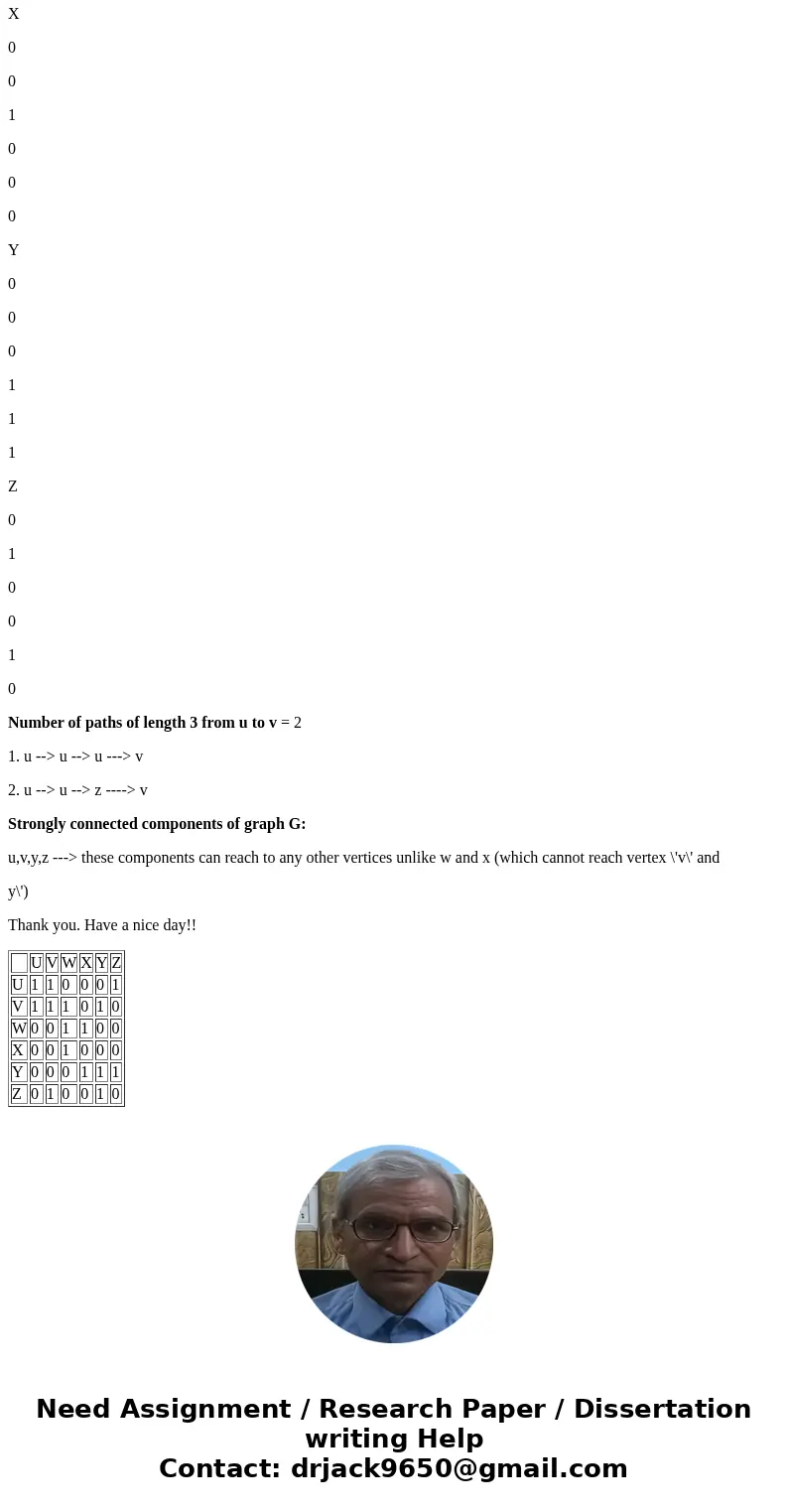 Given the following graph G, find the following. the adjacency matrix for G the number of paths of length 3 from u to v the (strongly) connected components of   Given the following graph G, find the following. the adjacency matrix for G the number of paths of length 3 from u to v the (strongly) connected components of