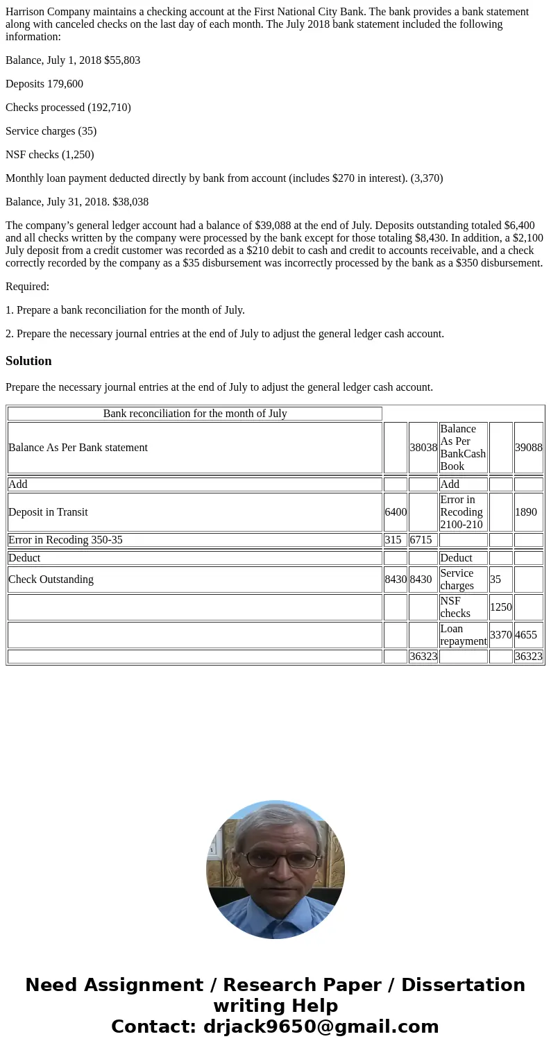 Harrison Company maintains a checking account at the First National City Bank. The bank provides a bank statement along with canceled checks on the last day of 