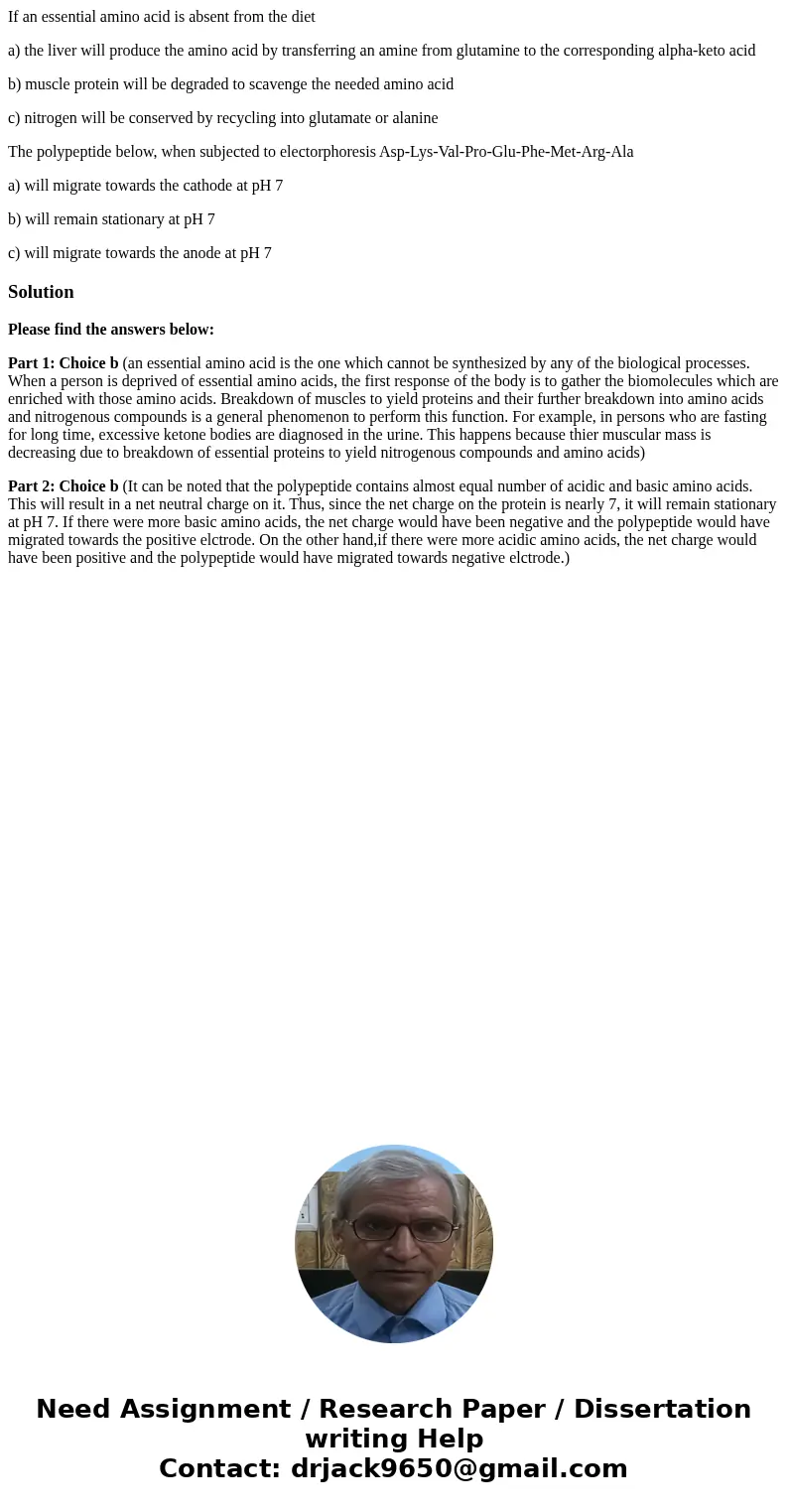 If an essential amino acid is absent from the diet a) the liver will produce the amino acid by transferring an amine from glutamine to the corresponding alpha-k If an essential amino acid is absent from the diet a) the liver will produce the amino acid by transferring an amine from glutamine to the corresponding alpha-k