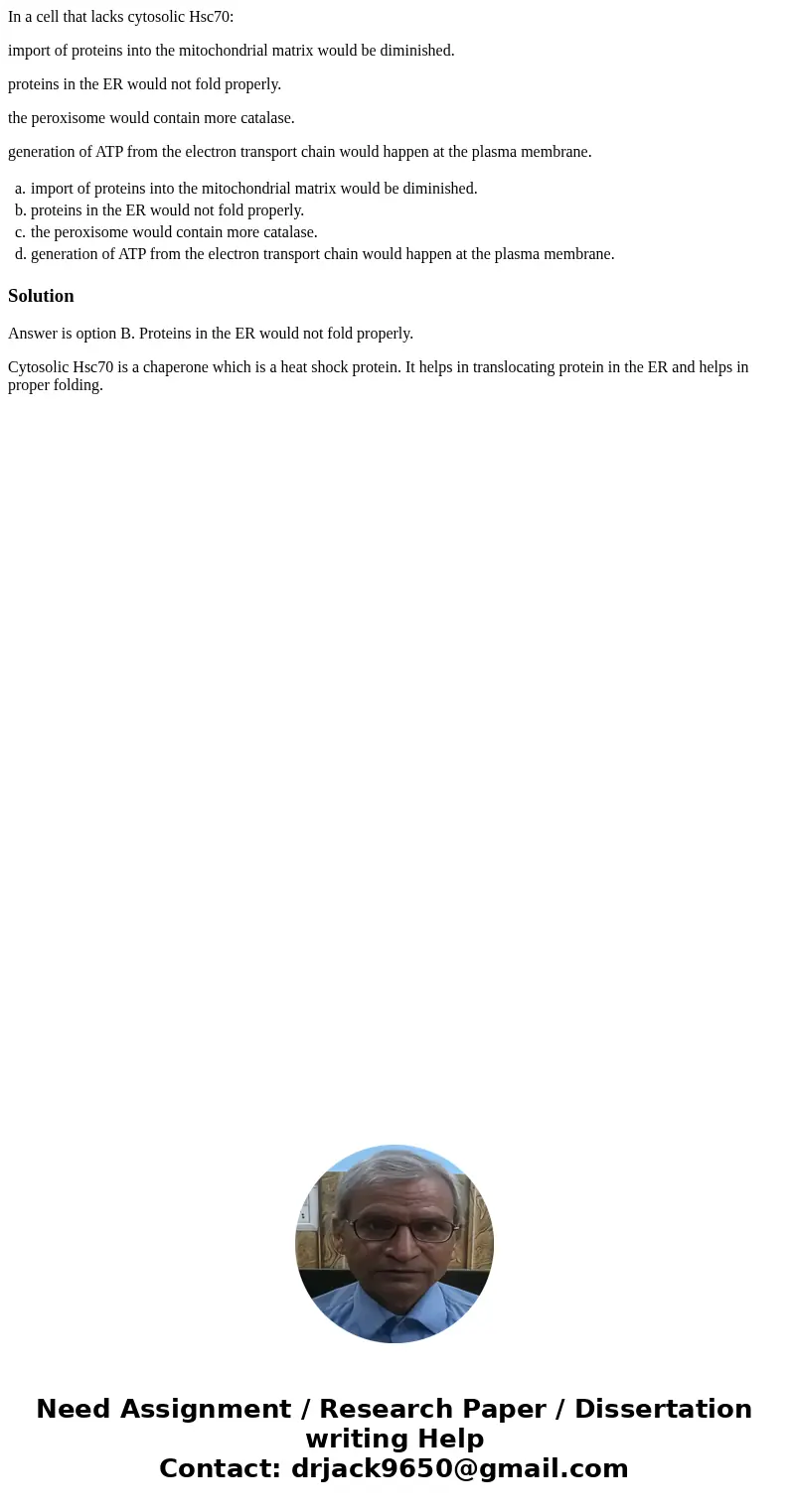 In a cell that lacks cytosolic Hsc70: import of proteins into the mitochondrial matrix would be diminished. proteins in the ER would not fold properly. the pero In a cell that lacks cytosolic Hsc70: import of proteins into the mitochondrial matrix would be diminished. proteins in the ER would not fold properly. the pero