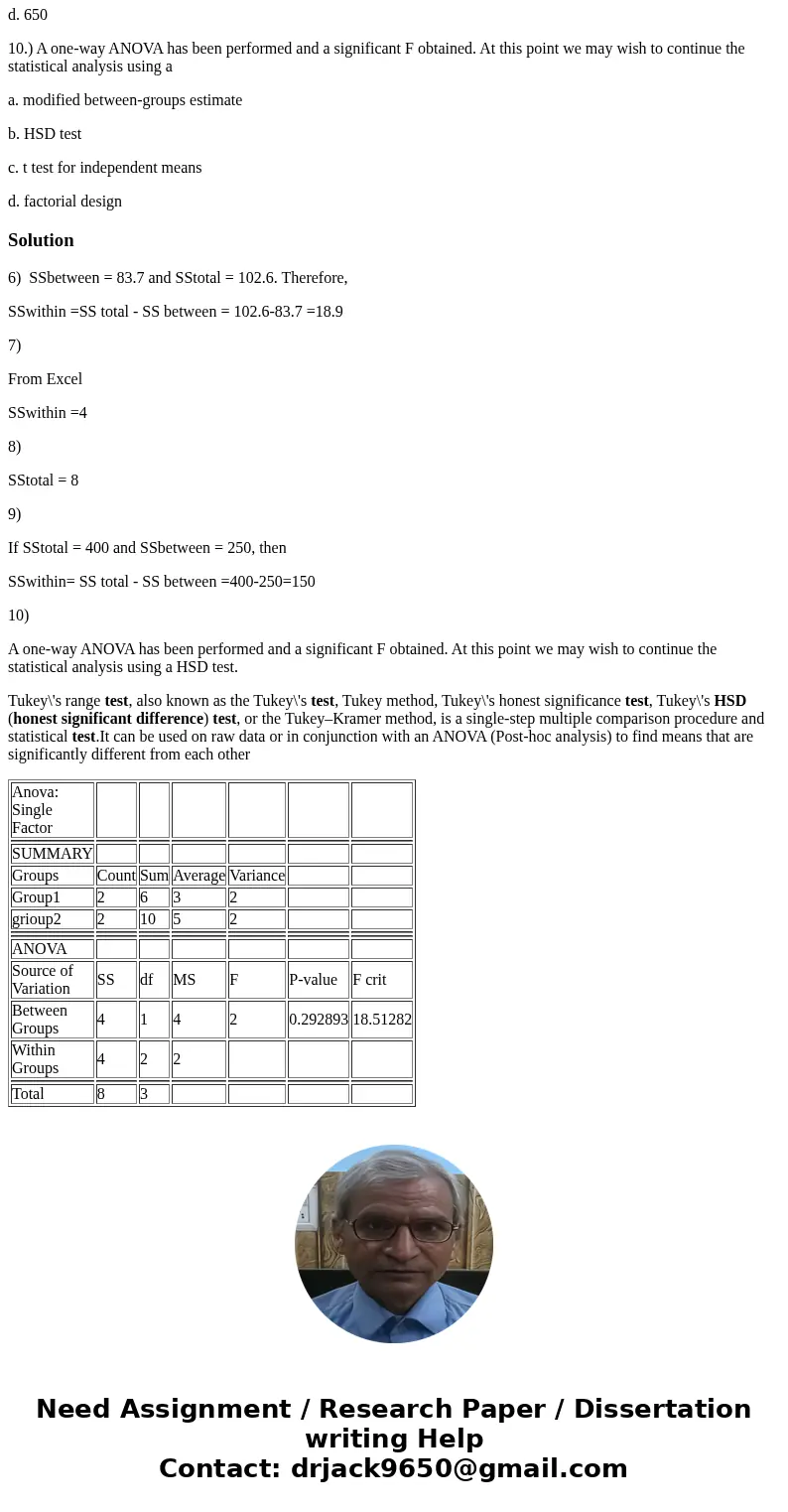 In need of assistance for homework; the chapter is based on comparing the means of 3 or more independent samples: one-way analysis of variance Thank you in adva In need of assistance for homework; the chapter is based on comparing the means of 3 or more independent samples: one-way analysis of variance Thank you in adva