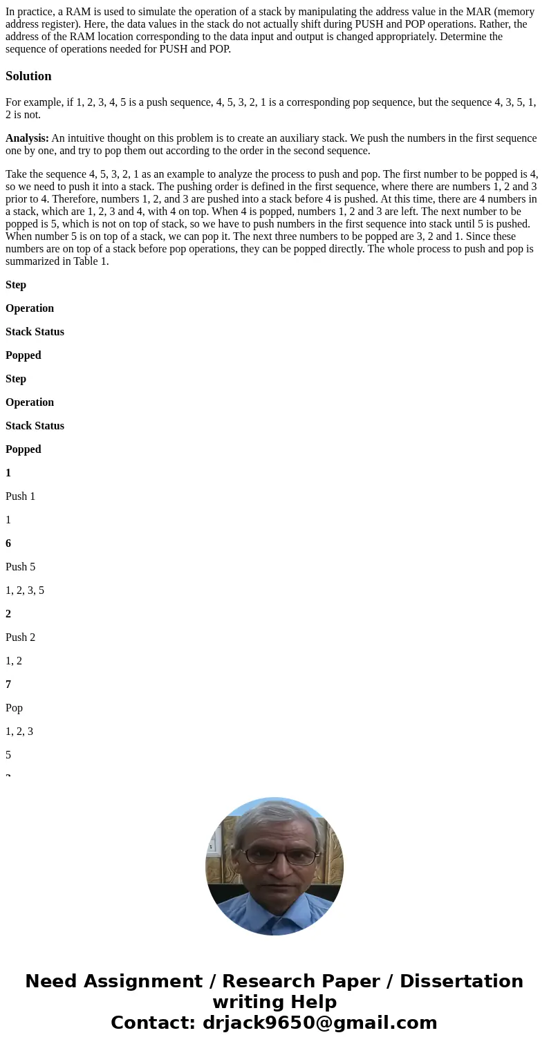In practice, a RAM is used to simulate the operation of a stack by manipulating the address value in the MAR (memory address register). Here, the data values in In practice, a RAM is used to simulate the operation of a stack by manipulating the address value in the MAR (memory address register). Here, the data values in