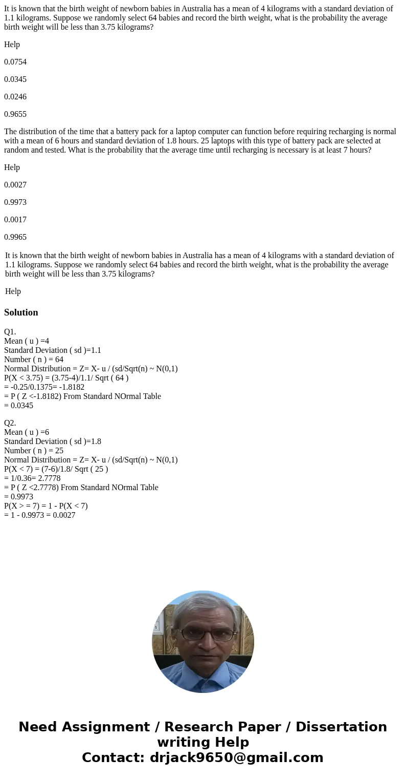 It is known that the birth weight of newborn babies in Australia has a mean of 4 kilograms with a standard deviation of 1.1 kilograms. Suppose we randomly selec It is known that the birth weight of newborn babies in Australia has a mean of 4 kilograms with a standard deviation of 1.1 kilograms. Suppose we randomly selec