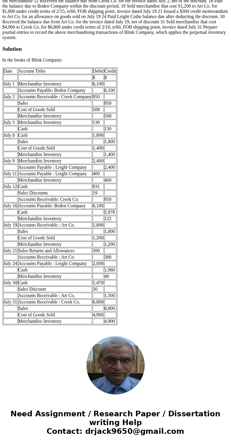 July 1 Purchased merchandise from Boden Company for $6,100 under credit terms of 2/15, n/30, FOB shipping point, invoice dated July 1 2 Sold merchandise to Cre  July 1 Purchased merchandise from Boden Company for $6,100 under credit terms of 2/15, n/30, FOB shipping point, invoice dated July 1 2 Sold merchandise to Cre