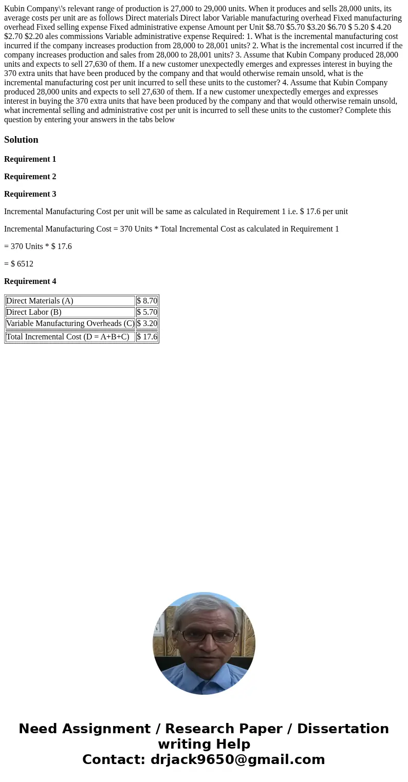 Kubin Company\'s relevant range of production is 27,000 to 29,000 units. When it produces and sells 28,000 units, its average costs per unit are as follows Dir