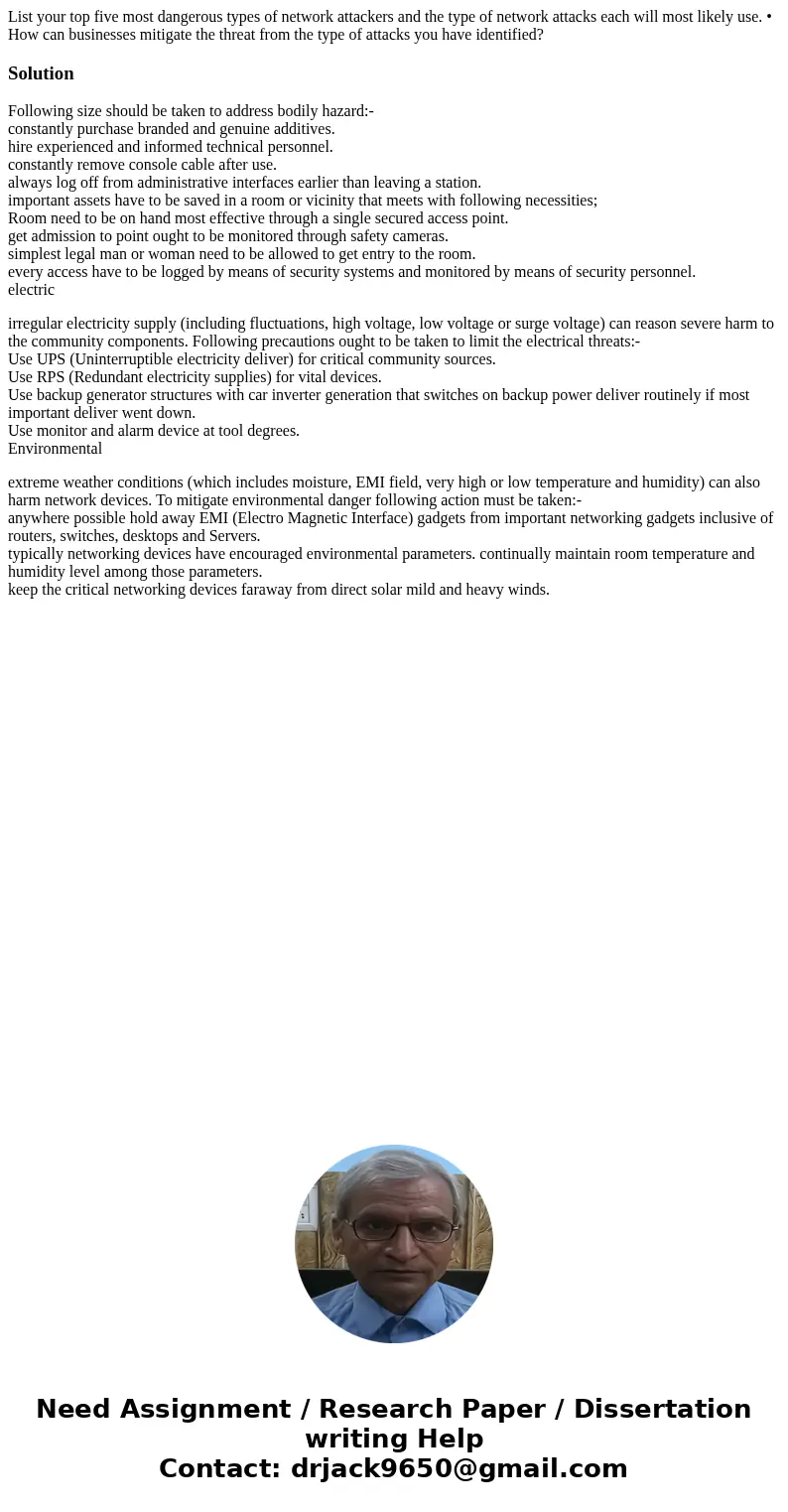 List your top five most dangerous types of network attackers and the type of network attacks each will most likely use. • How can businesses mitigate the threat List your top five most dangerous types of network attackers and the type of network attacks each will most likely use. • How can businesses mitigate the threat