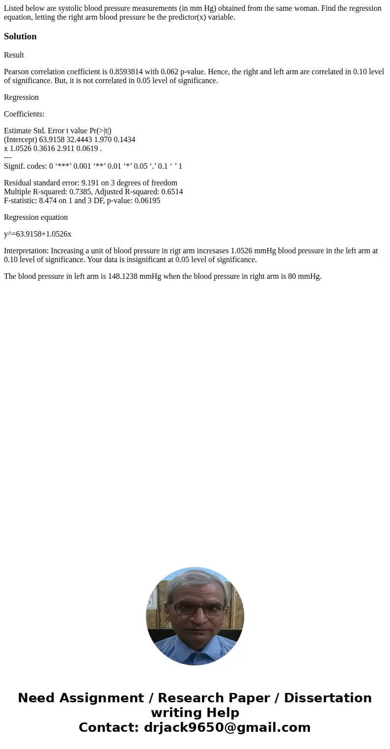 Listed below are systolic blood pressure measurements (in mm Hg) obtained from the same woman. Find the regression equation, letting the right arm blood pressu  Listed below are systolic blood pressure measurements (in mm Hg) obtained from the same woman. Find the regression equation, letting the right arm blood pressu