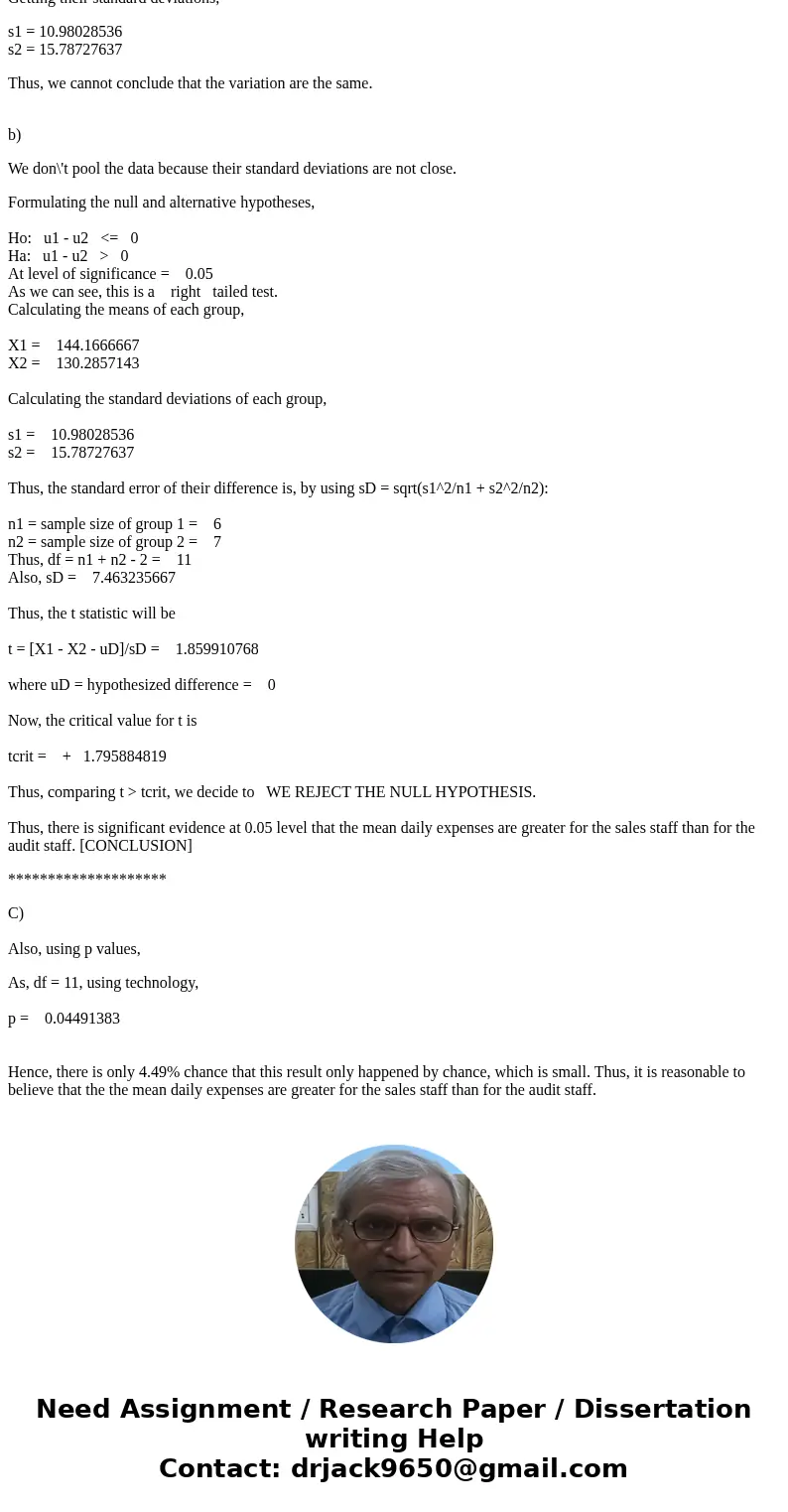 Ms. Lisa Monin is the budget director for Nexus Media.She would like to compare the daily travel expenses for the sales staff and the audit staff.She collected  Ms. Lisa Monin is the budget director for Nexus Media.She would like to compare the daily travel expenses for the sales staff and the audit staff.She collected