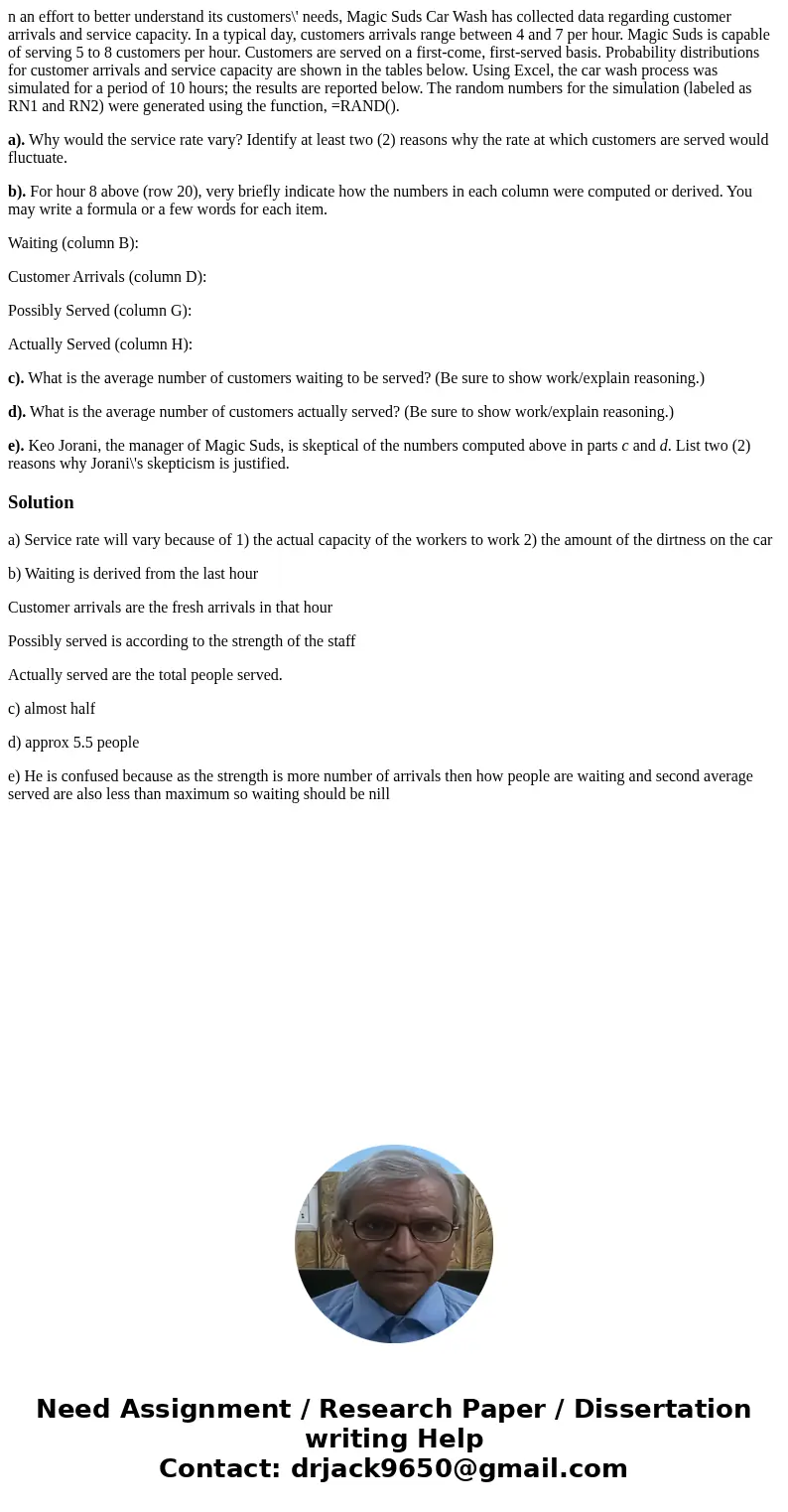 n an effort to better understand its customers\' needs, Magic Suds Car Wash has collected data regarding customer arrivals and service capacity. In a typical da n an effort to better understand its customers\' needs, Magic Suds Car Wash has collected data regarding customer arrivals and service capacity. In a typical da