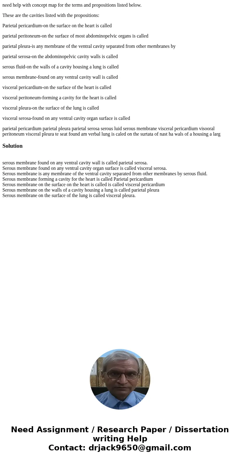 need help with concept map for the terms and propositions listed below. These are the cavities listed with the propositions: Parietal pericardium-on the surface need help with concept map for the terms and propositions listed below. These are the cavities listed with the propositions: Parietal pericardium-on the surface