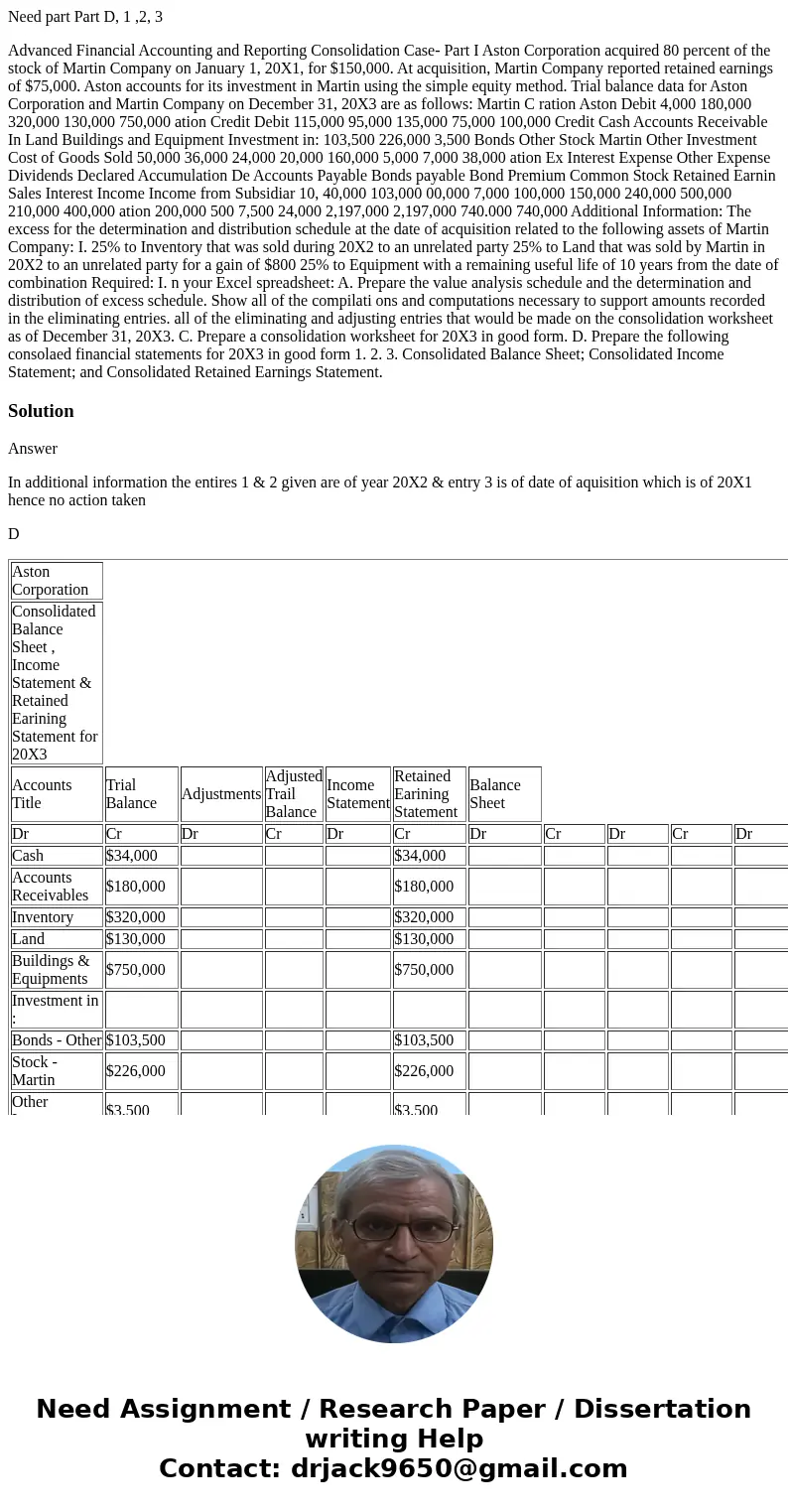 Need part Part D, 1 ,2, 3 Advanced Financial Accounting and Reporting Consolidation Case- Part I Aston Corporation acquired 80 percent of the stock of Martin Co