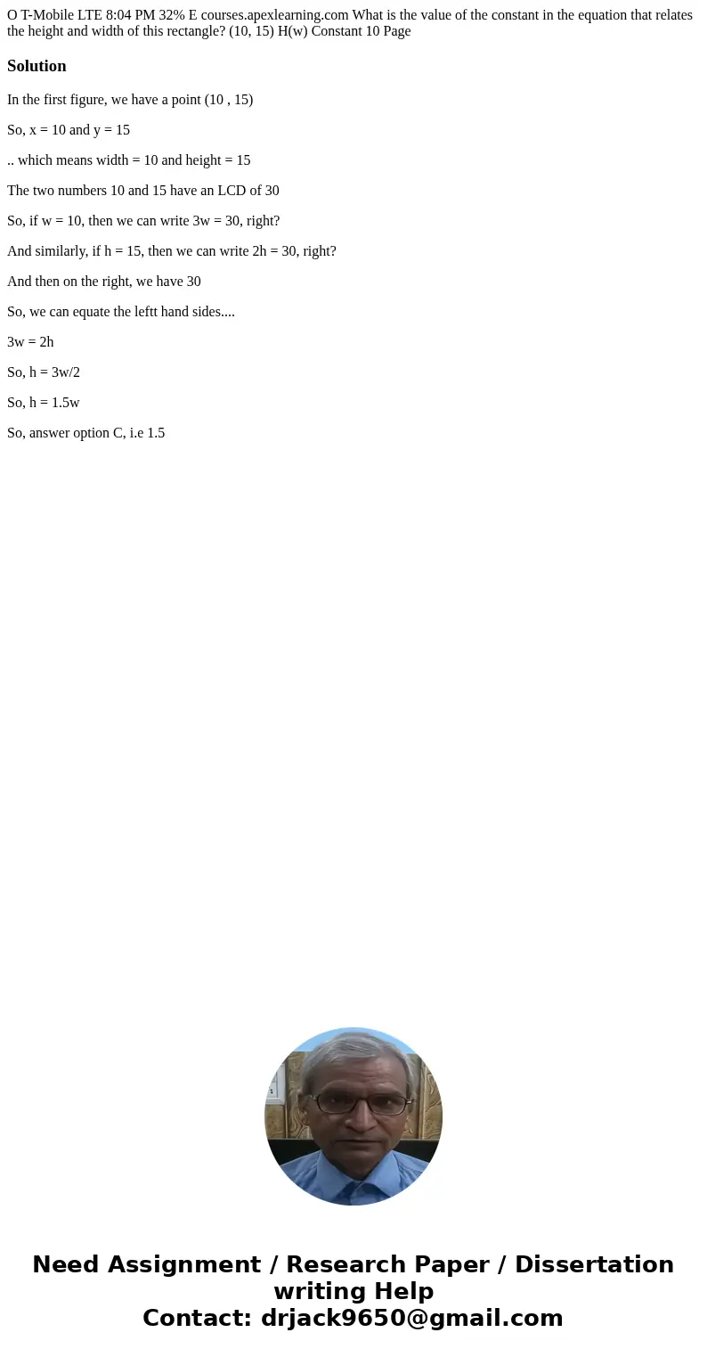  O T-Mobile LTE 8:04 PM 32% E courses.apexlearning.com What is the value of the constant in the equation that relates the height and width of this rectangle? (1