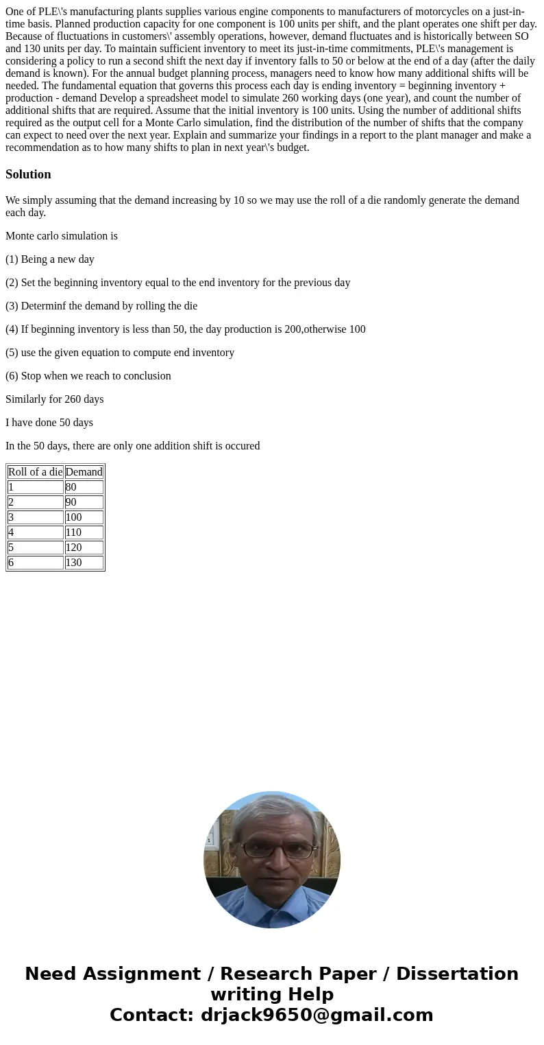 One of PLE\'s manufacturing plants supplies various engine components to manufacturers of motorcycles on a just-in-time basis. Planned production capacity for   One of PLE\'s manufacturing plants supplies various engine components to manufacturers of motorcycles on a just-in-time basis. Planned production capacity for