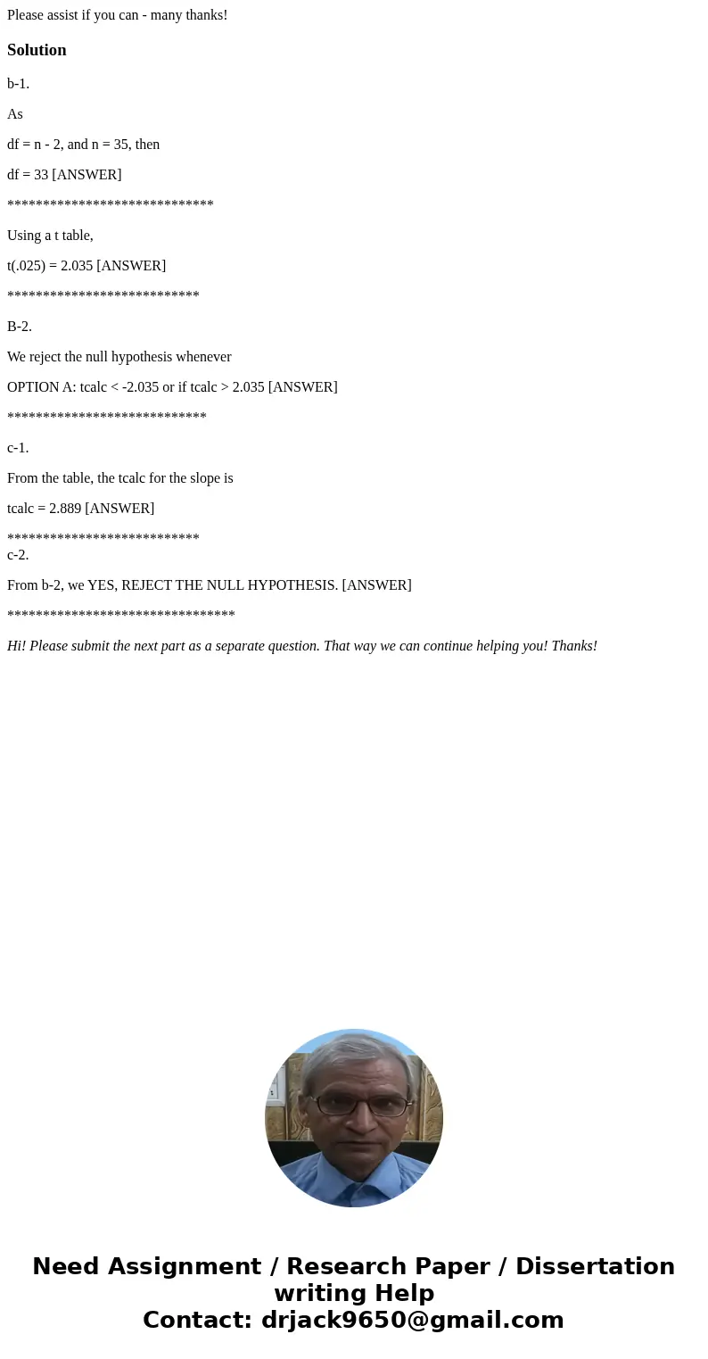 Please assist if you can - many thanks!Solutionb-1. As df = n - 2, and n = 35, then df = 33 [ANSWER] ***************************** Using a t table, t(.025) = 2.