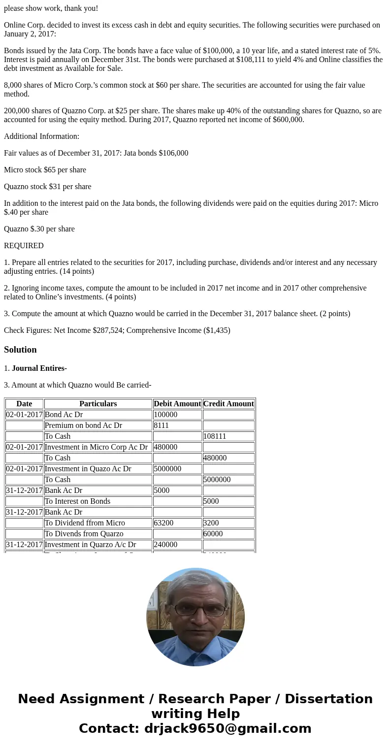 please show work, thank you! Online Corp. decided to invest its excess cash in debt and equity securities. The following securities were purchased on January 2,