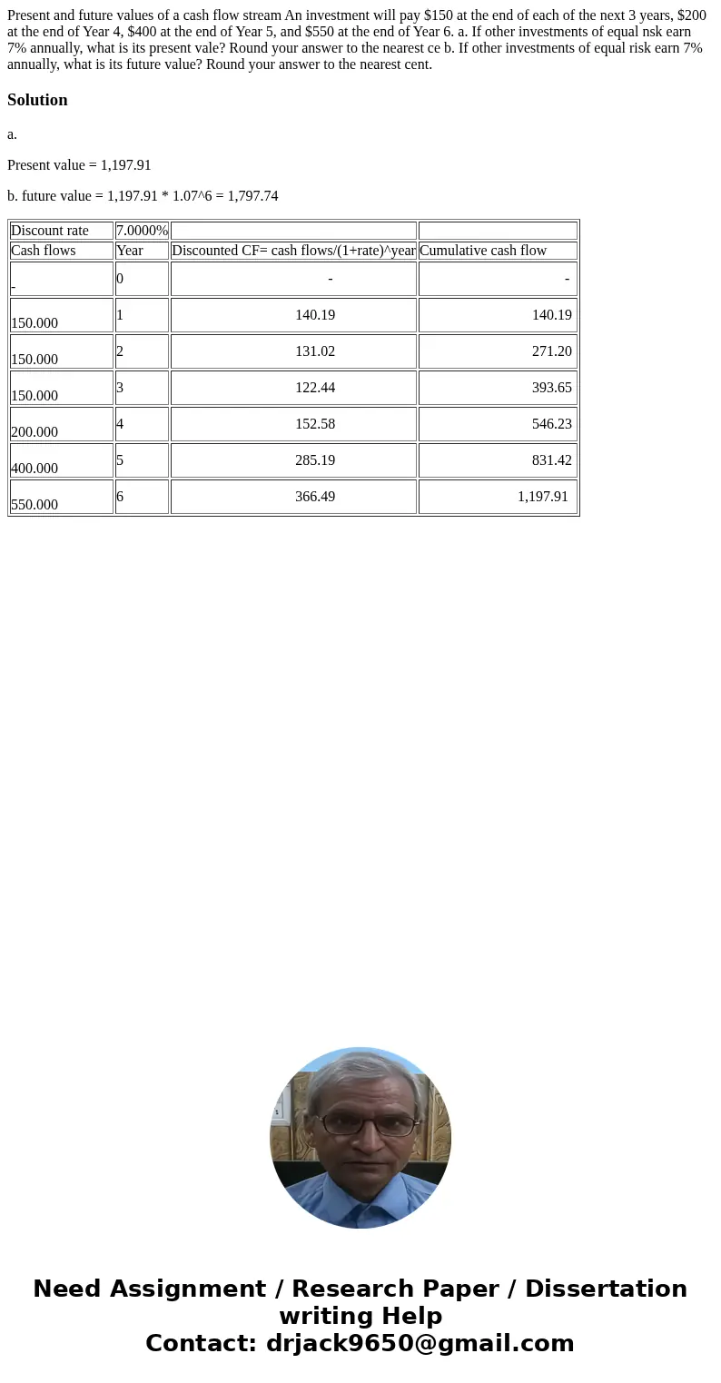 Present and future values of a cash flow stream An investment will pay $150 at the end of each of the next 3 years, $200 at the end of Year 4, $400 at the end   Present and future values of a cash flow stream An investment will pay $150 at the end of each of the next 3 years, $200 at the end of Year 4, $400 at the end