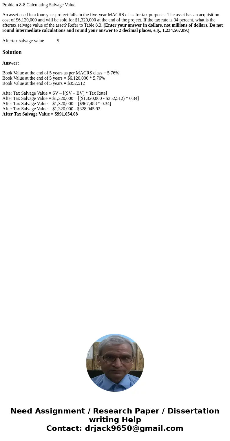 Problem 8-8 Calculating Salvage Value An asset used in a four-year project falls in the five-year MACRS class for tax purposes. The asset has an acquisition cos Problem 8-8 Calculating Salvage Value An asset used in a four-year project falls in the five-year MACRS class for tax purposes. The asset has an acquisition cos