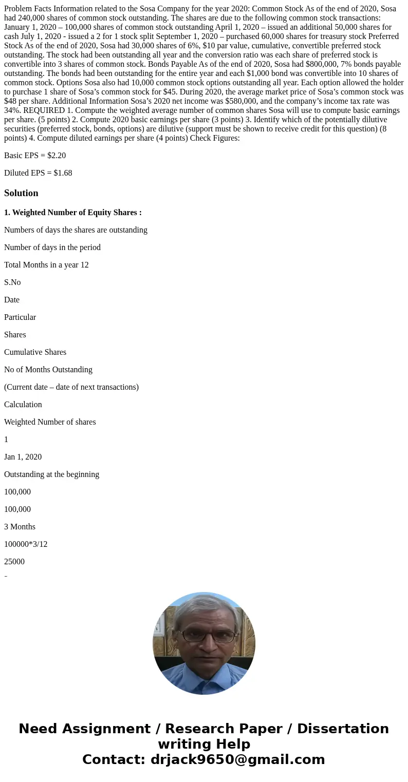 Problem Facts Information related to the Sosa Company for the year 2020: Common Stock As of the end of 2020, Sosa had 240,000 shares of common stock outstanding