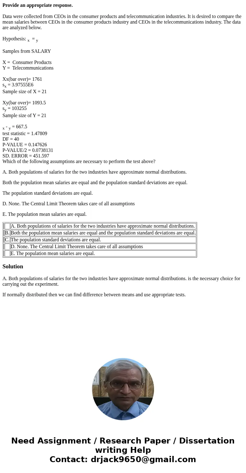 Provide an appropriate response. Data were collected from CEOs in the consumer products and telecommunication industries. It is desired to compare the mean sala Provide an appropriate response. Data were collected from CEOs in the consumer products and telecommunication industries. It is desired to compare the mean sala