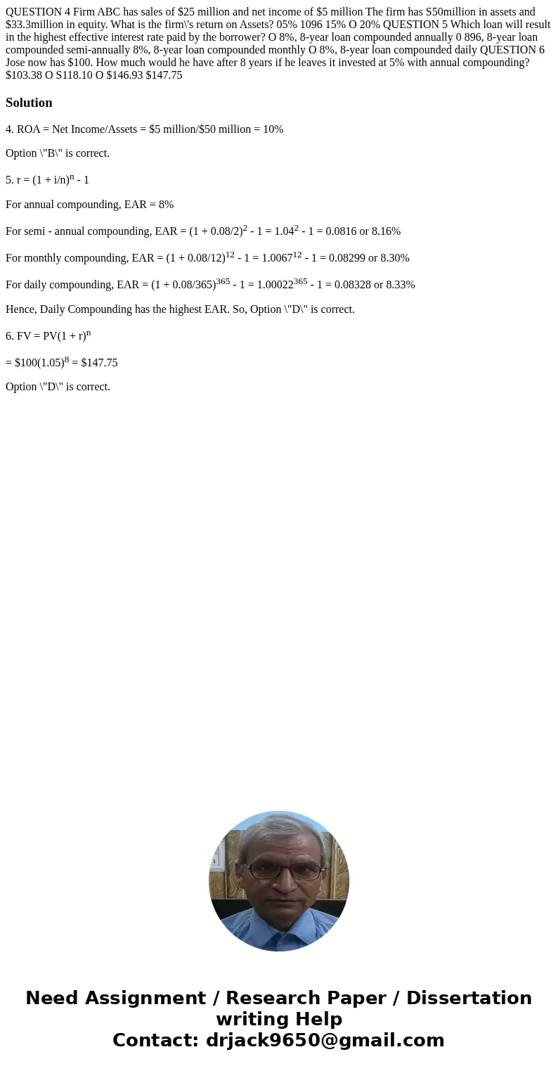QUESTION 4 Firm ABC has sales of $25 million and net income of $5 million The firm has S50million in assets and $33.3million in equity. What is the firm\'s ret  QUESTION 4 Firm ABC has sales of $25 million and net income of $5 million The firm has S50million in assets and $33.3million in equity. What is the firm\'s ret