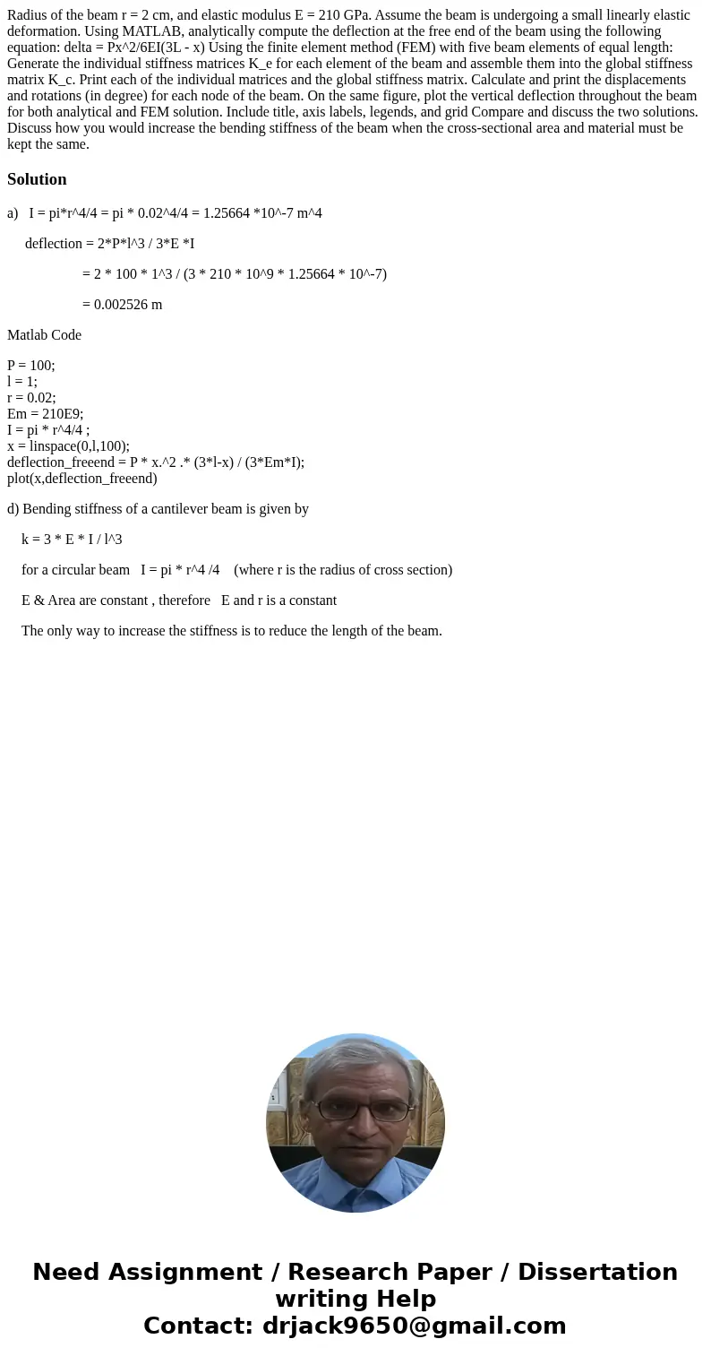 Radius of the beam r = 2 cm, and elastic modulus E = 210 GPa. Assume the beam is undergoing a small linearly elastic deformation. Using MATLAB, analytically co  Radius of the beam r = 2 cm, and elastic modulus E = 210 GPa. Assume the beam is undergoing a small linearly elastic deformation. Using MATLAB, analytically co
