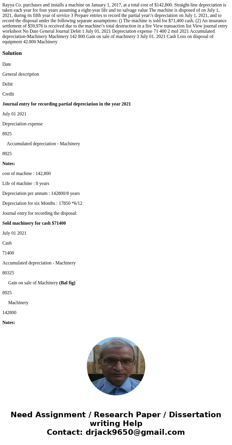  Rayya Co. purchases and installs a machine on January 1, 2017, at a total cost of $142,800. Straight-line depreciation is taken each year for four years assumi