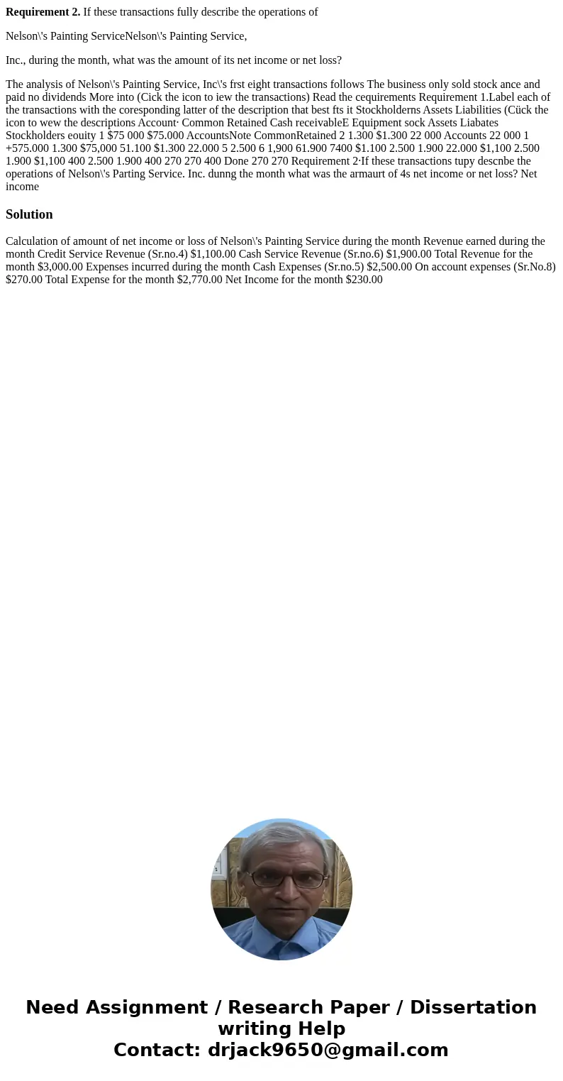 Requirement 2. If these transactions fully describe the operations of Nelson\'s Painting ServiceNelson\'s Painting Service, Inc., during the month, what was the Requirement 2. If these transactions fully describe the operations of Nelson\'s Painting ServiceNelson\'s Painting Service, Inc., during the month, what was the