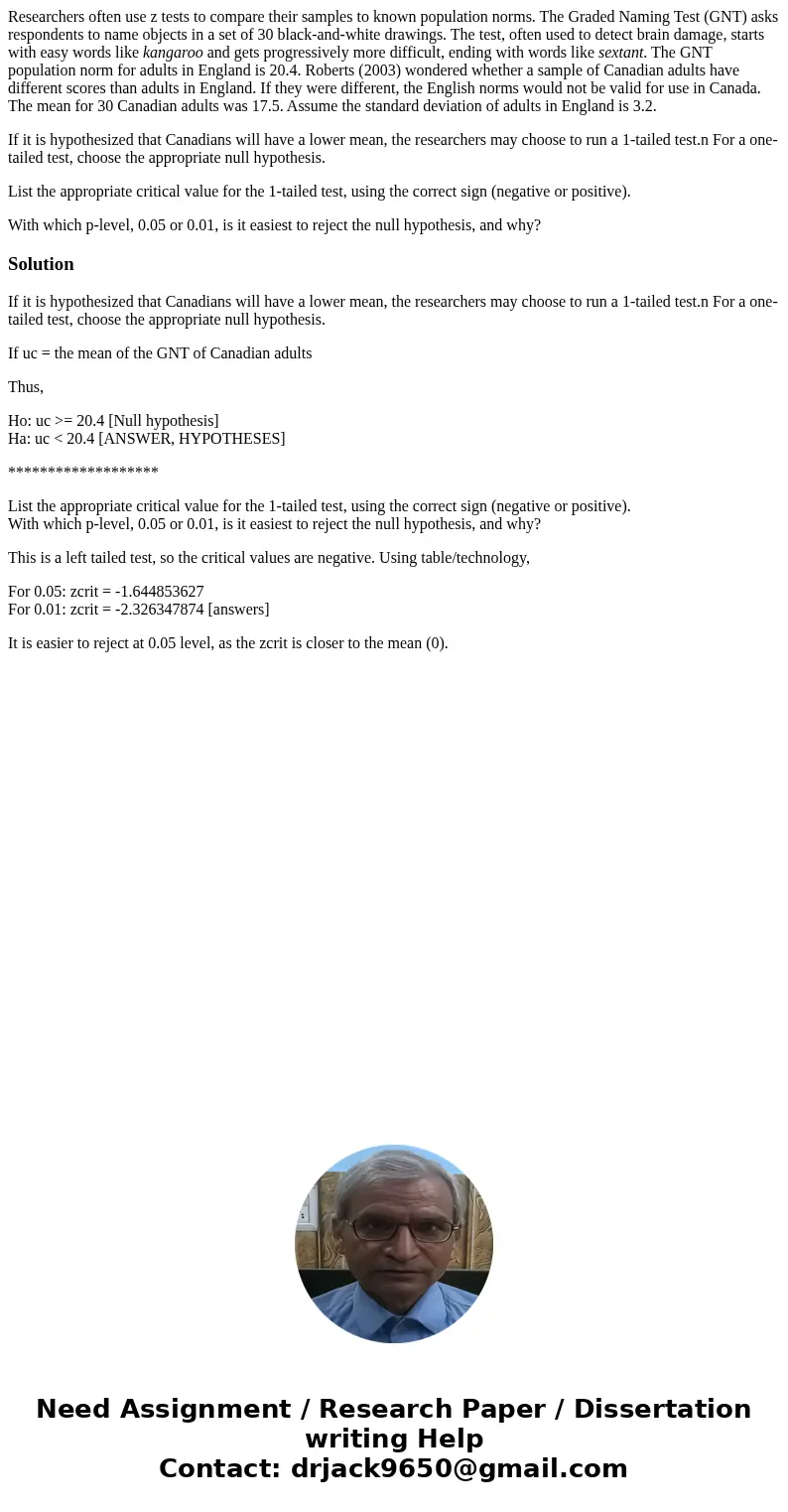 Researchers often use z tests to compare their samples to known population norms. The Graded Naming Test (GNT) asks respondents to name objects in a set of 30 b Researchers often use z tests to compare their samples to known population norms. The Graded Naming Test (GNT) asks respondents to name objects in a set of 30 b