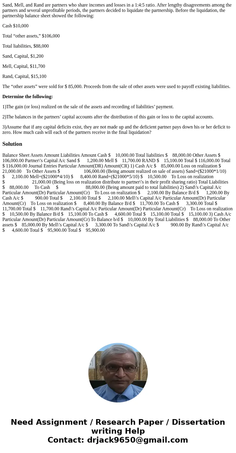 Sand, Mell, and Rand are partners who share incomes and losses in a 1:4:5 ratio. After lengthy disagreements among the partners and several unprofitable periods Sand, Mell, and Rand are partners who share incomes and losses in a 1:4:5 ratio. After lengthy disagreements among the partners and several unprofitable periods