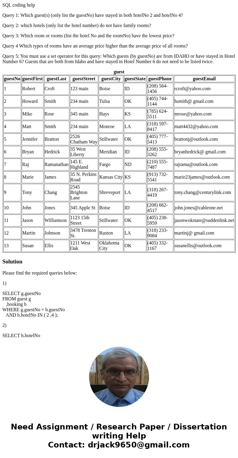 SQL coding help Query 1: Which guest(s) (only list the guestNo) have stayed in both hotelNo 2 and hotelNo 4? Query 2: which hotels (only list the hotel number)  SQL coding help Query 1: Which guest(s) (only list the guestNo) have stayed in both hotelNo 2 and hotelNo 4? Query 2: which hotels (only list the hotel number)