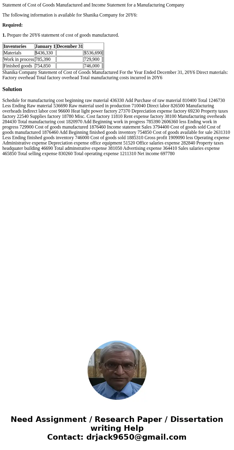 Statement of Cost of Goods Manufactured and Income Statement for a Manufacturing Company The following information is available for Shanika Company for 20Y6: Re