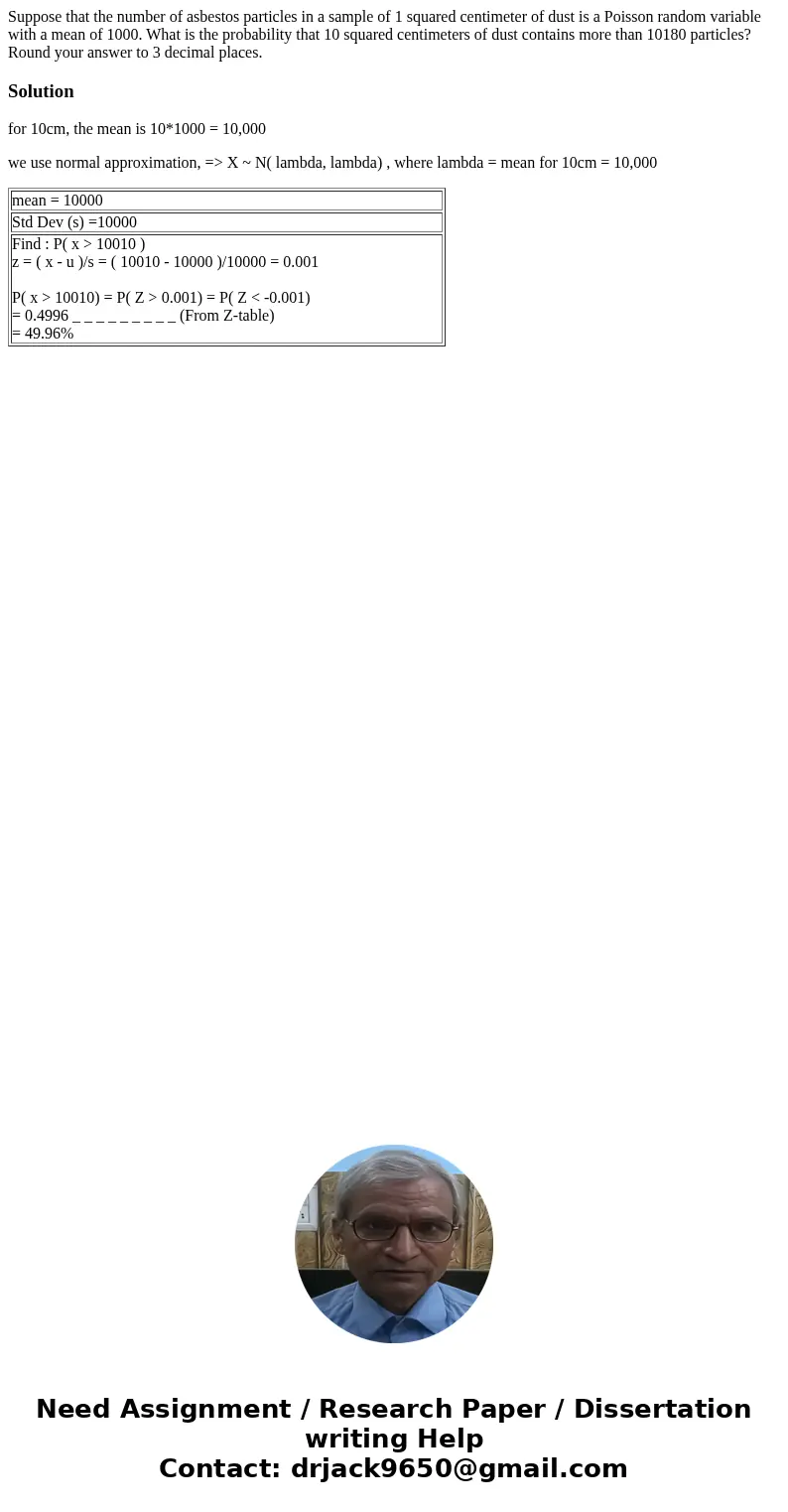  Suppose that the number of asbestos particles in a sample of 1 squared centimeter of dust is a Poisson random variable with a mean of 1000. What is the probabi