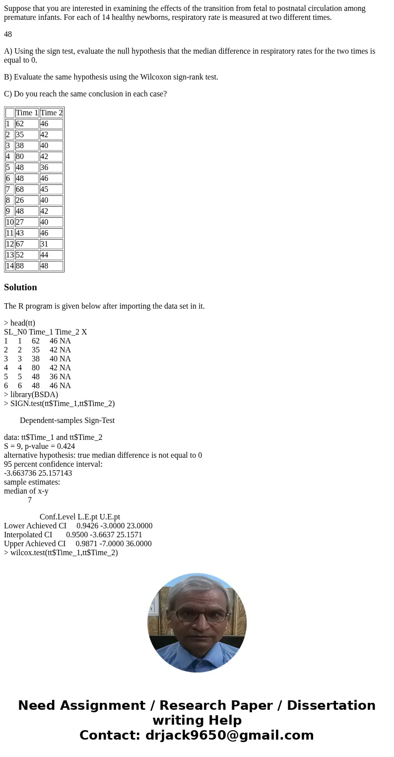 Suppose that you are interested in examining the effects of the transition from fetal to postnatal circulation among premature infants. For each of 14 healthy n Suppose that you are interested in examining the effects of the transition from fetal to postnatal circulation among premature infants. For each of 14 healthy n