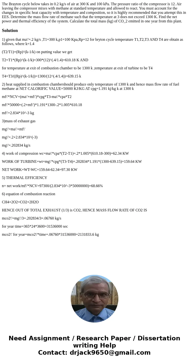 The Brayton cycle below takes in 0.2 kg/s of air at 300 K and 100 kPa. The pressure ratio of the compressor is 12. Air leaving the compressor mixes with methan  The Brayton cycle below takes in 0.2 kg/s of air at 300 K and 100 kPa. The pressure ratio of the compressor is 12. Air leaving the compressor mixes with methan