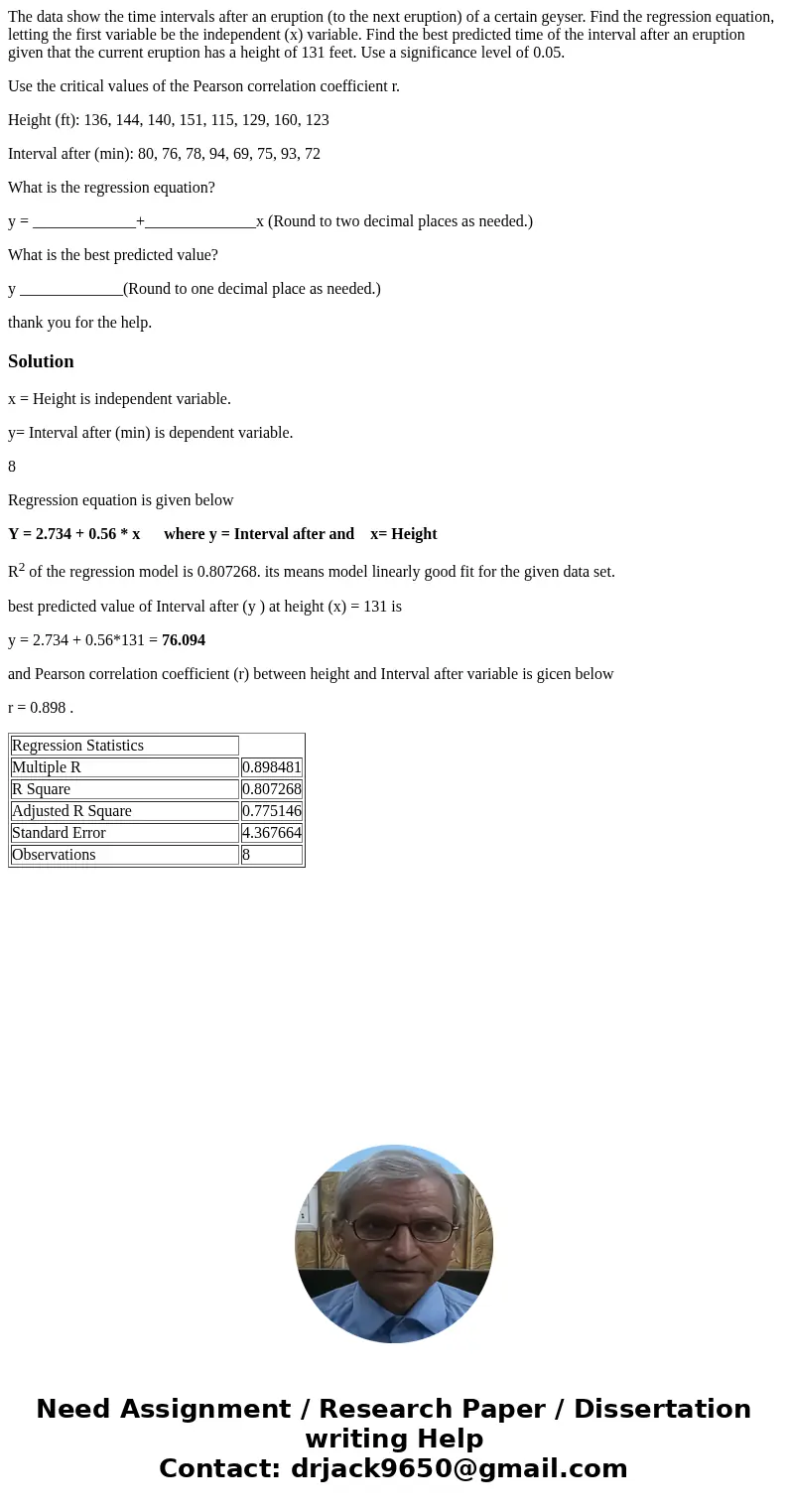 The data show the time intervals after an eruption (to the next eruption) of a certain geyser. Find the regression equation, letting the first variable be the i