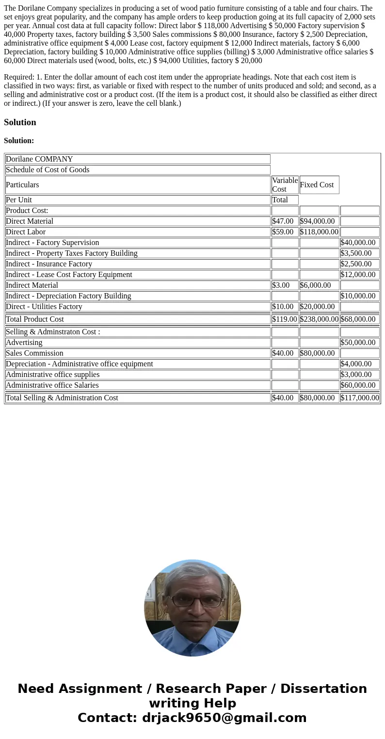 The Dorilane Company specializes in producing a set of wood patio furniture consisting of a table and four chairs. The set enjoys great popularity, and the comp