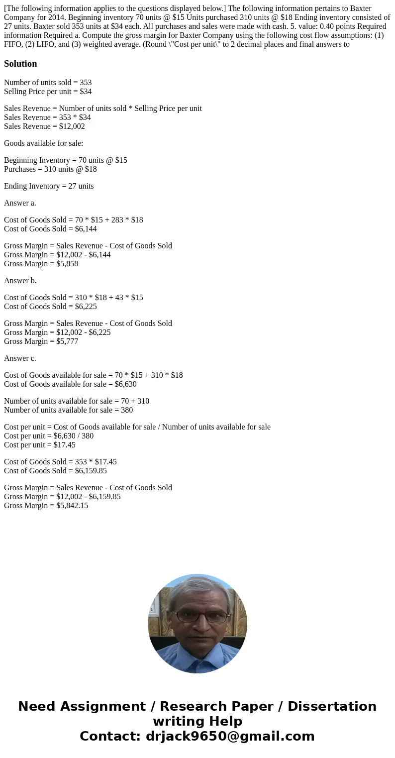 [The following information applies to the questions displayed below.] The following information pertains to Baxter Company for 2014. Beginning inventory 70 unit