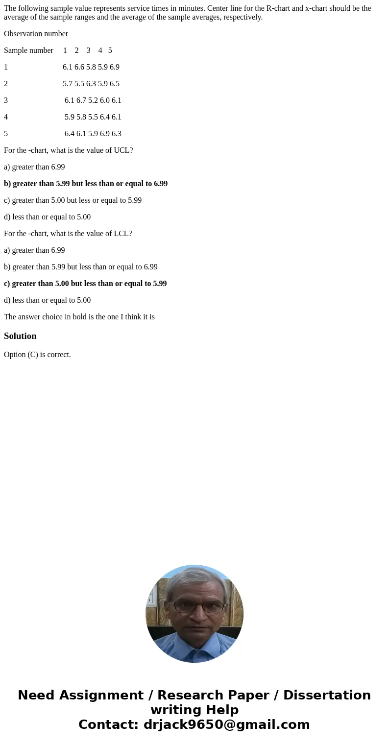 The following sample value represents service times in minutes. Center line for the R-chart and x-chart should be the average of the sample ranges and the avera The following sample value represents service times in minutes. Center line for the R-chart and x-chart should be the average of the sample ranges and the avera
